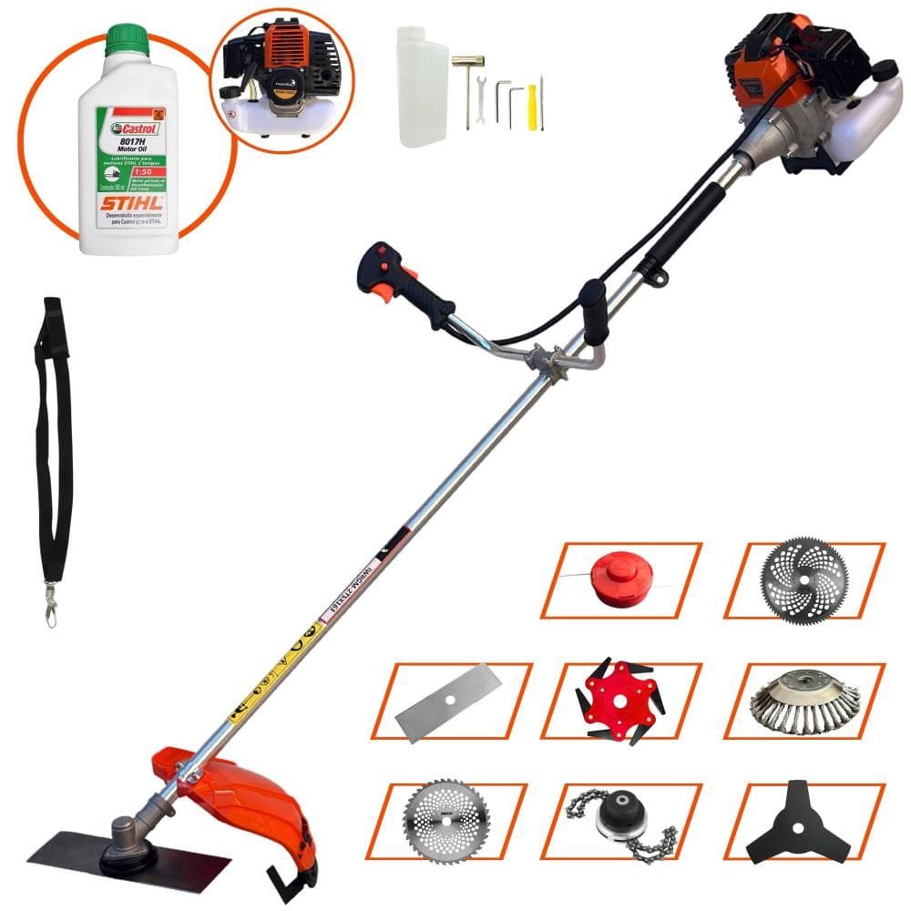 Roçadeira Import Way IWRGM2T5X163 63cc 3HP Com Carretel + Facas 2 Pontas, 3 Pontas, 6 Pontas, 40 Dentes, 80 Dentes, Trimmer e Escova + Óleo Stihl 2T