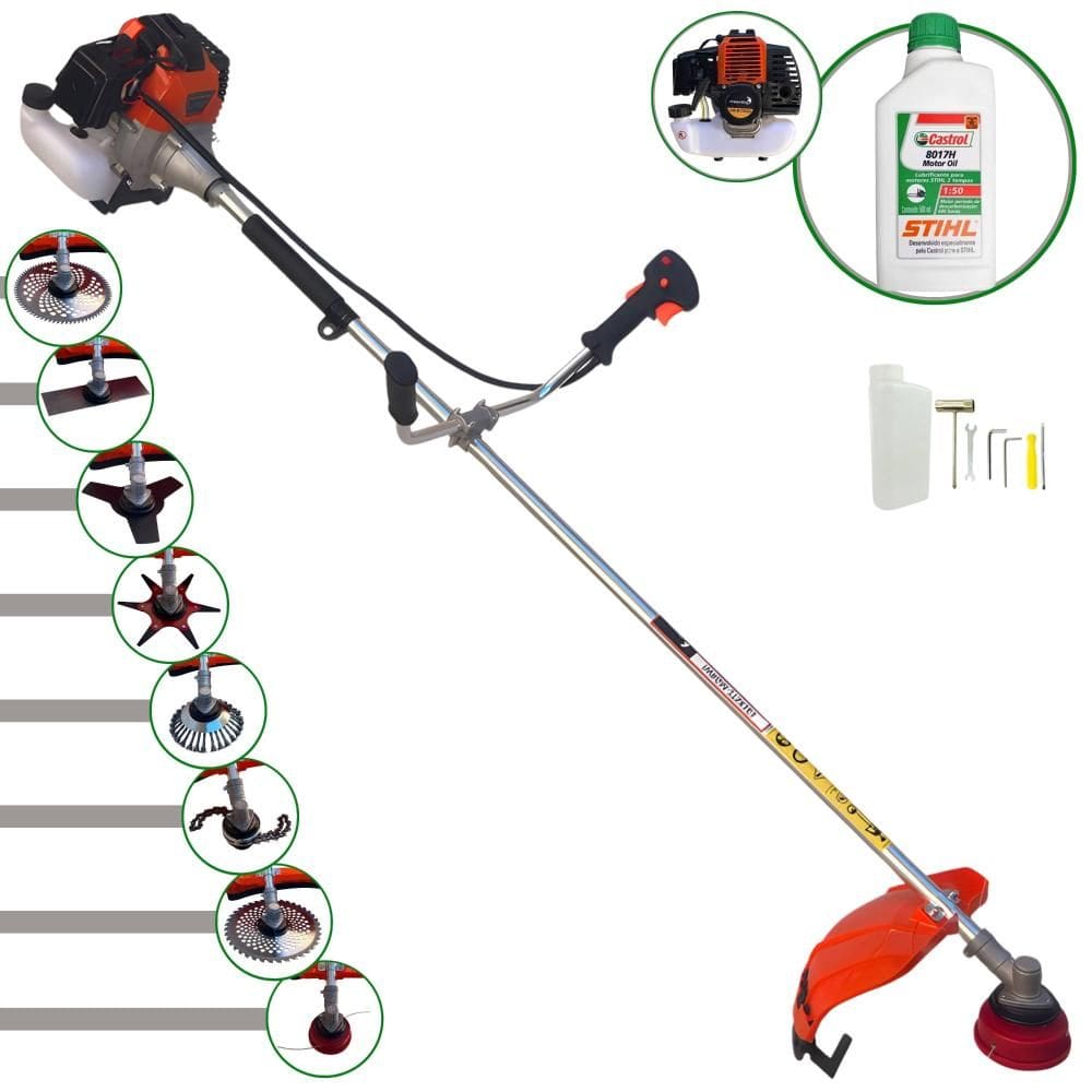 Cortador de Grama À Gasolina Import Way IWRGM2T5X163 63cc 3HP Alta Performance Roçadeira C/ Carretel Nylon e Kit Com 7 Opções de Corte + Óleo Stihl 2T