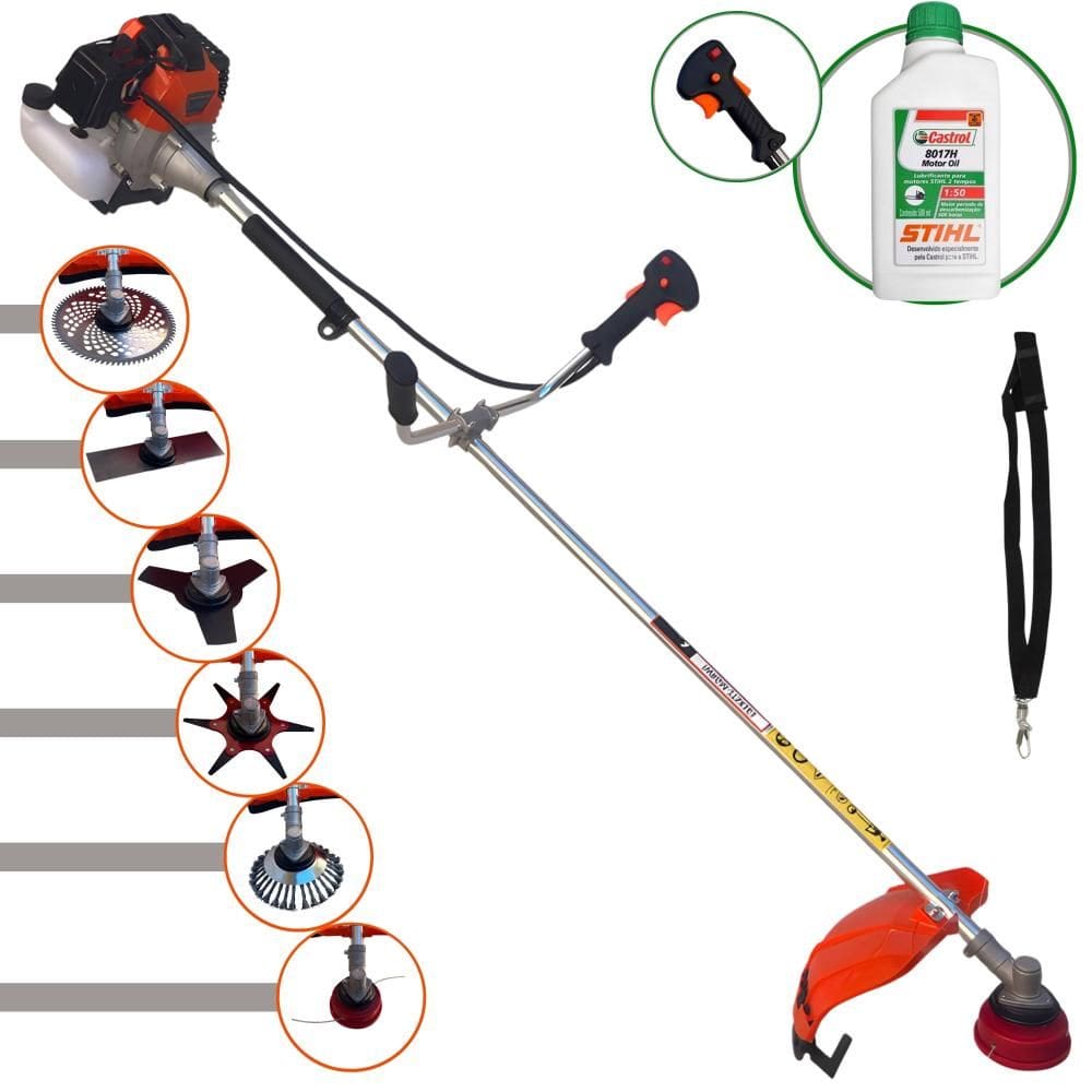 Roçadeira Import Way IWRGM2T5X163 7.500rpm 63cc 3HP Com Carretel + Facas 2 Pontas, 3 Pontas, 6 Pontas, 80 Dentes de Vídea e Escova de Aço + Óleo Stihl