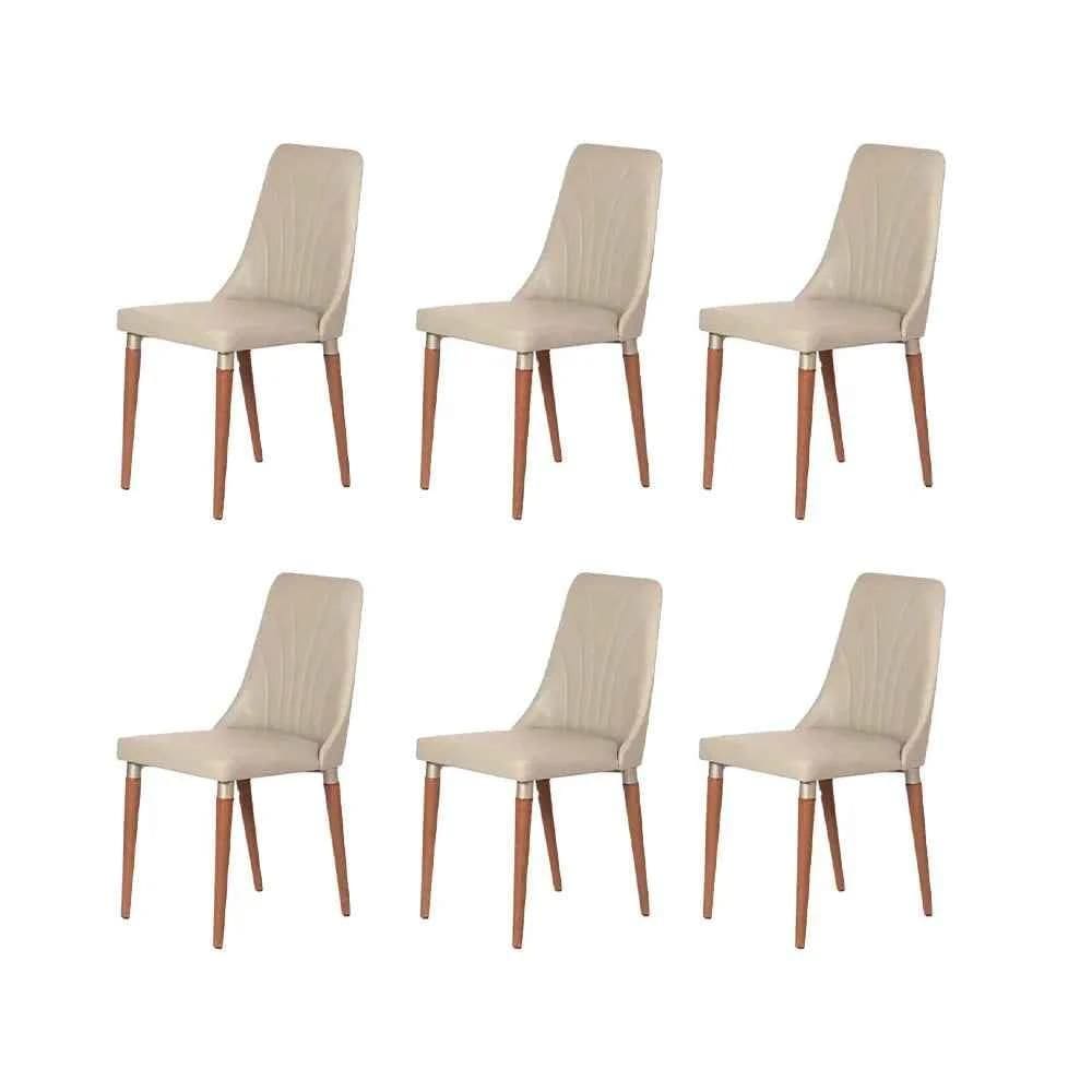 Kit de 6 Cadeiras de Madeira Maciça Estofada Lara - Natural c/ PU Off White - Champanhe