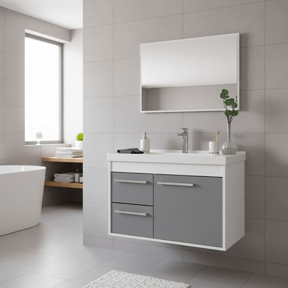 Kit Armário para Banheiro 60cm MDF com Cuba + Espelheira - Potenza Gianduia