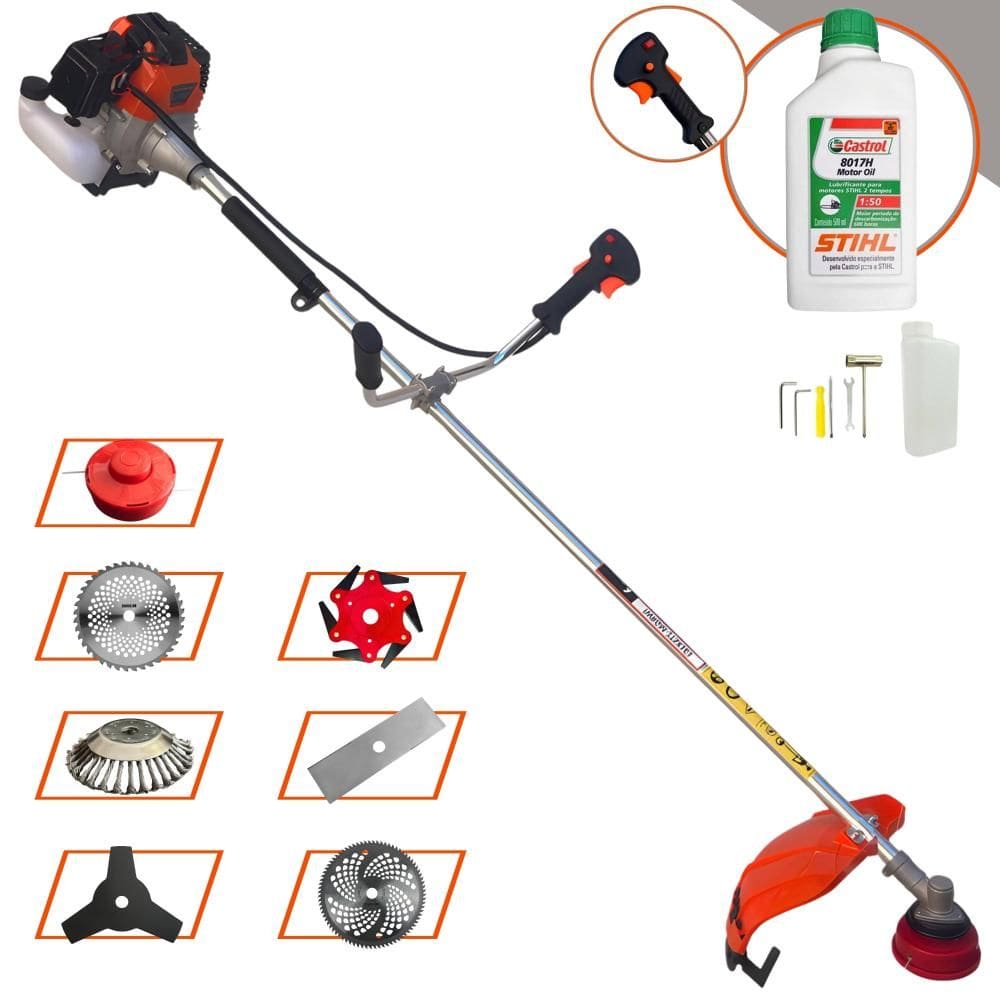 Aparador de Grama Import Way IWRGM2T5X163 63cc 3HP Com Carretel + Facas 2 Pontas, 3 Pontas, 6 Pontas, 40 e 80 Dentes de Vídea e Escova + Óleo Stihl