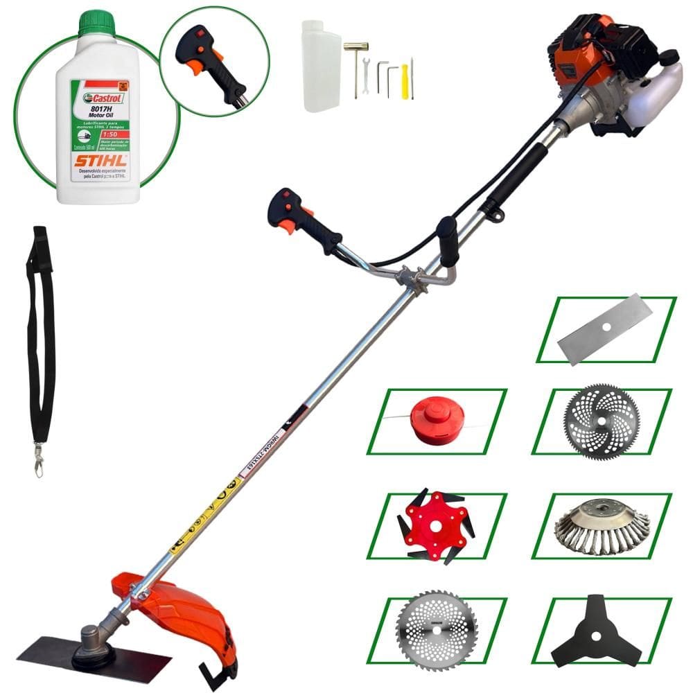 Roçadeira Import Way IWRGM2T5X163 63cc 3HP Com Carretel + Facas 2 Pontas, 3 Pontas, 6 Pontas, 40 Dentes, 80 Dentes e Escova de Aço + Óleo Stihl 2T
