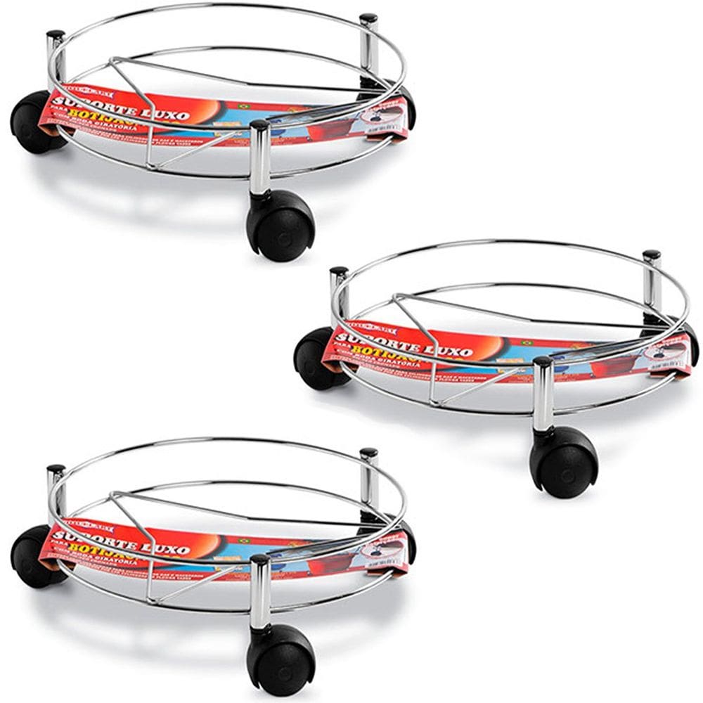 Kit 3 Suportes de Botijão Aço Cromado com Rodízios