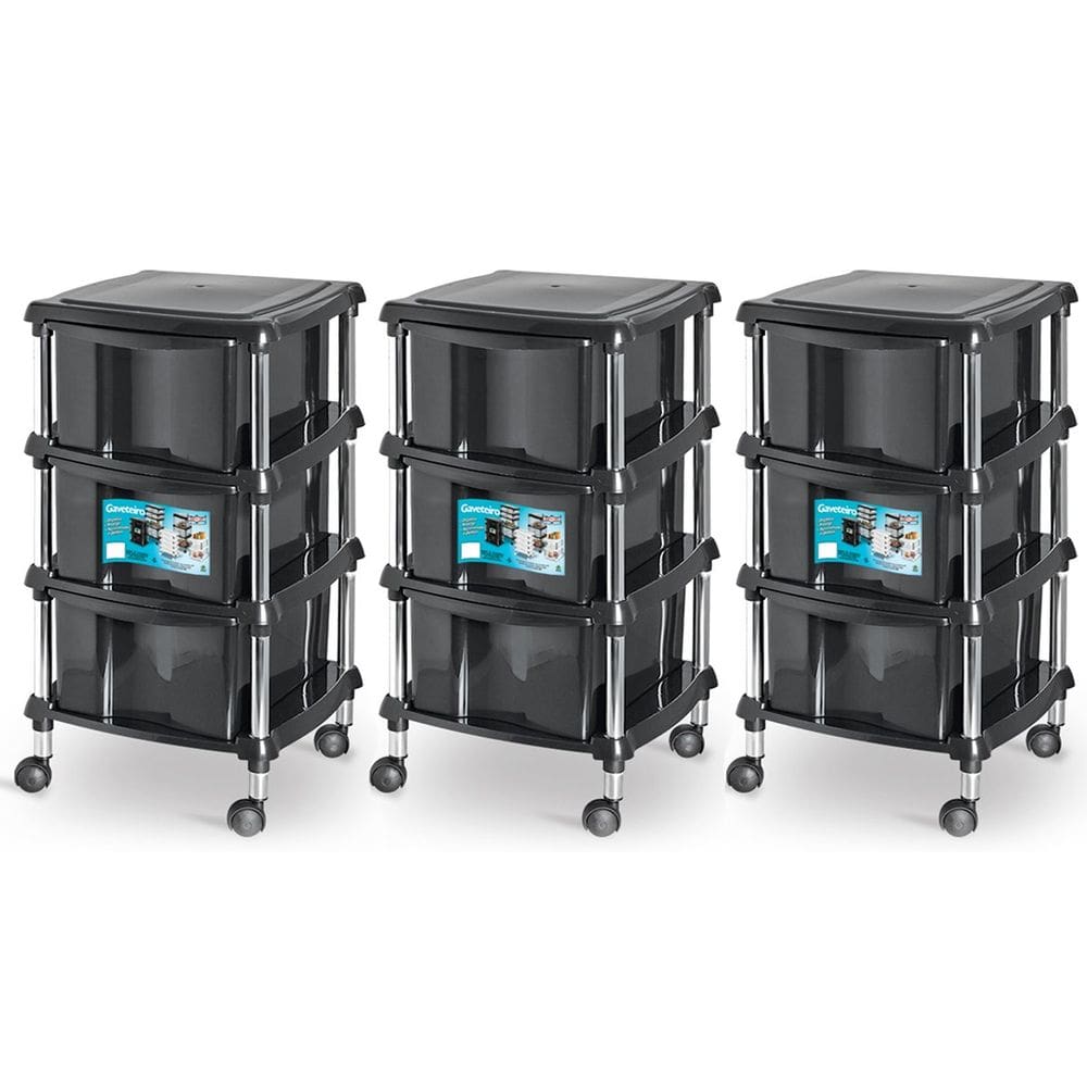 Kit 3 Gaveteiros Organizador 3 Gavetas com Rodízios Alice