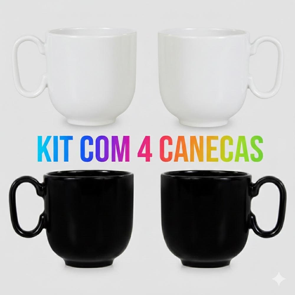 Kit 4 Canecas Preta e Branca Forma 350 ml Germer Porcelanas
