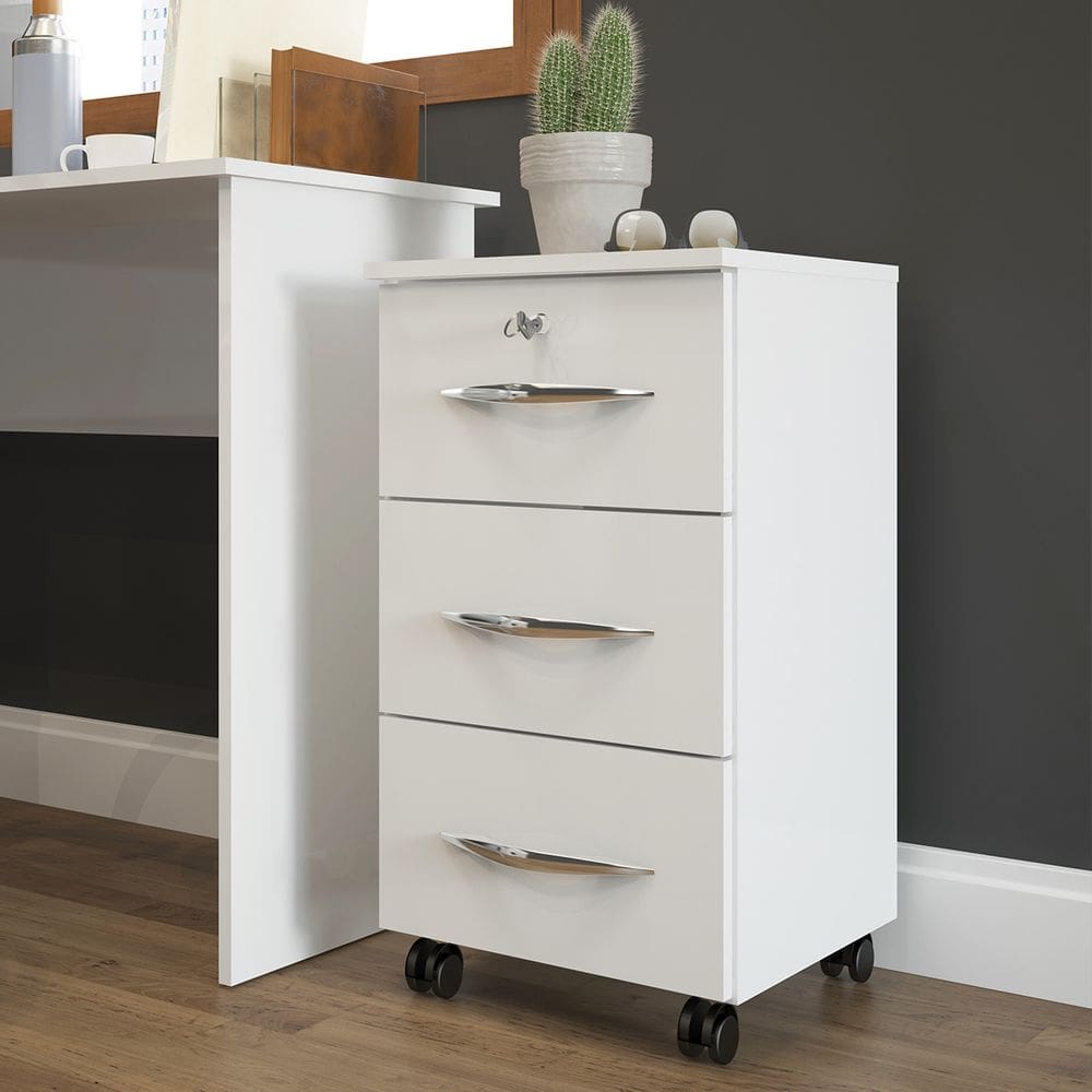 Gaveteiro para Escritório 36x65 Cm 3 Gavetas Rodízios MDP Branco 0744 MENU