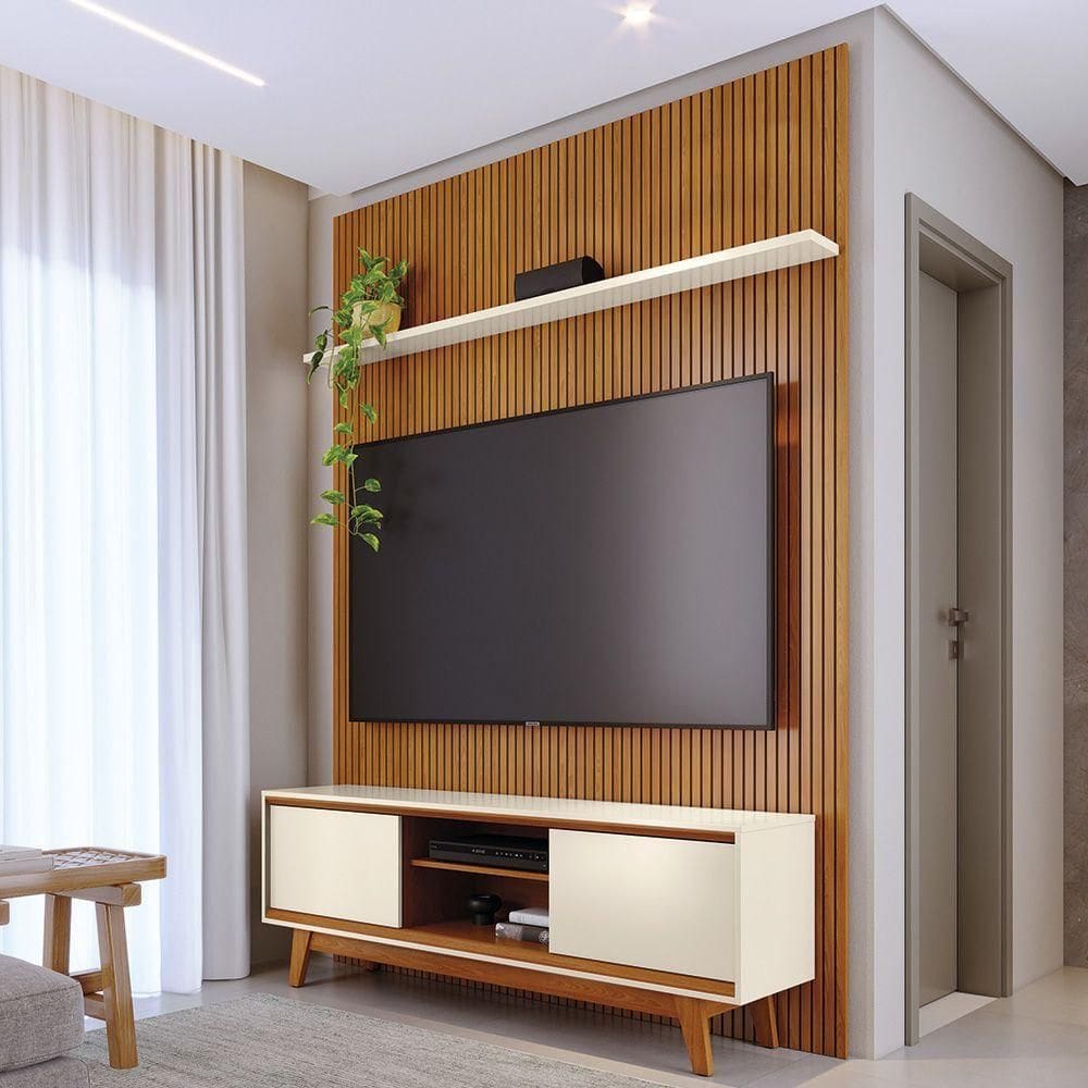 Painel Tv 65 Pol 179cm Ripado Valen E Rack Bancada Mylan M20 - D`rossi Cinamomo(fosco)-off White(brilho)