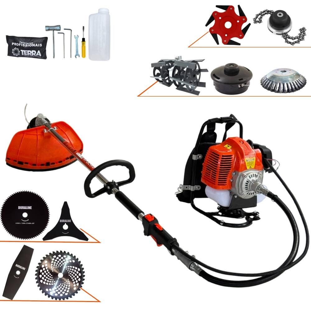 Máquina de Corta Grama Costal Terra GRC430 À Gasolina 2 Tempos 43cc 1,7HP de Potência Roçadeira Profissional Completa Com Carretel + 8 Opções de Corte