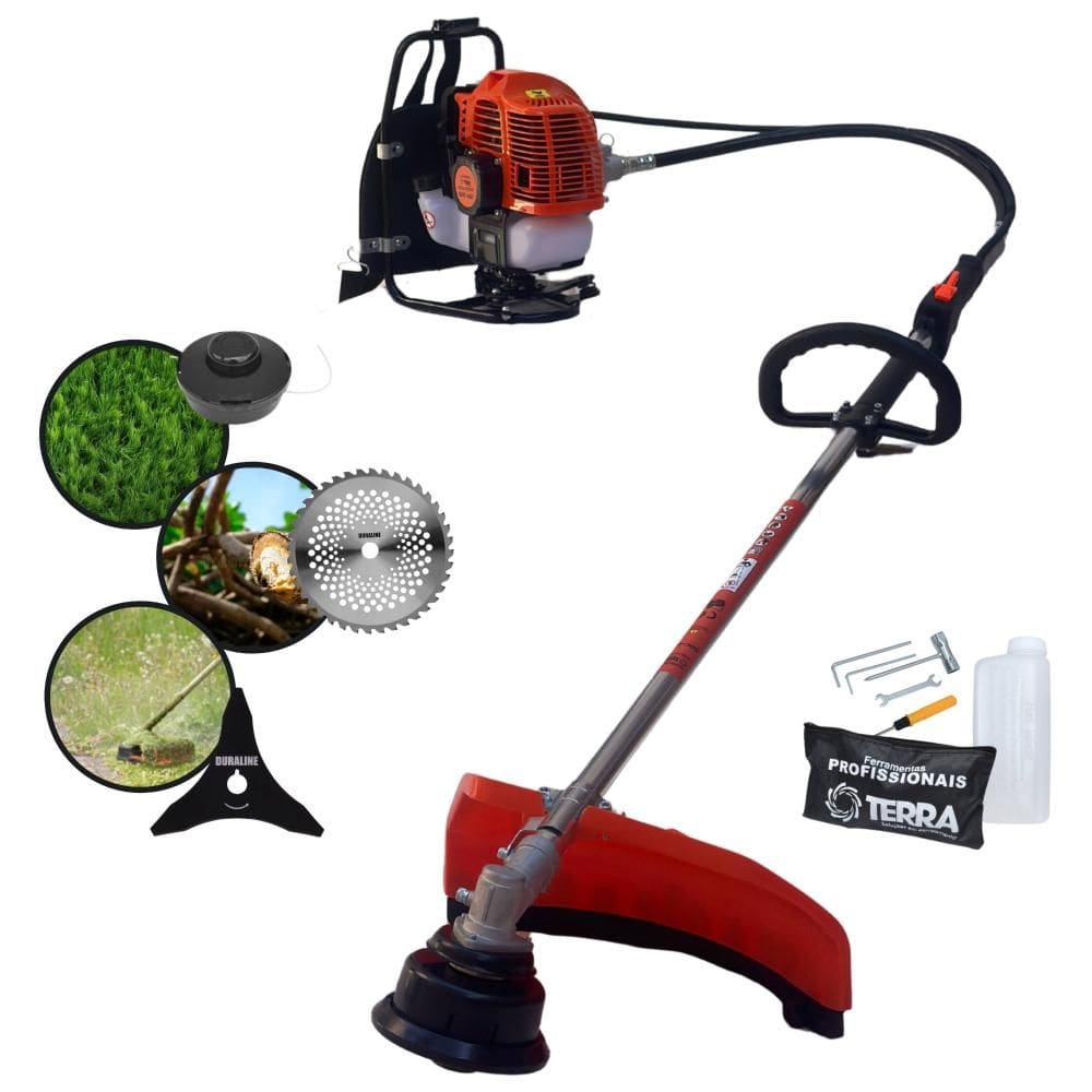 Roçadeira Costal Multifuncional Terra GRC430 43cc 1,7HP de Potência Cortador de Grama Com Cabeçote Nylon + Lâmina 40 Dentes Vídea + Lâmina 3 Pontas