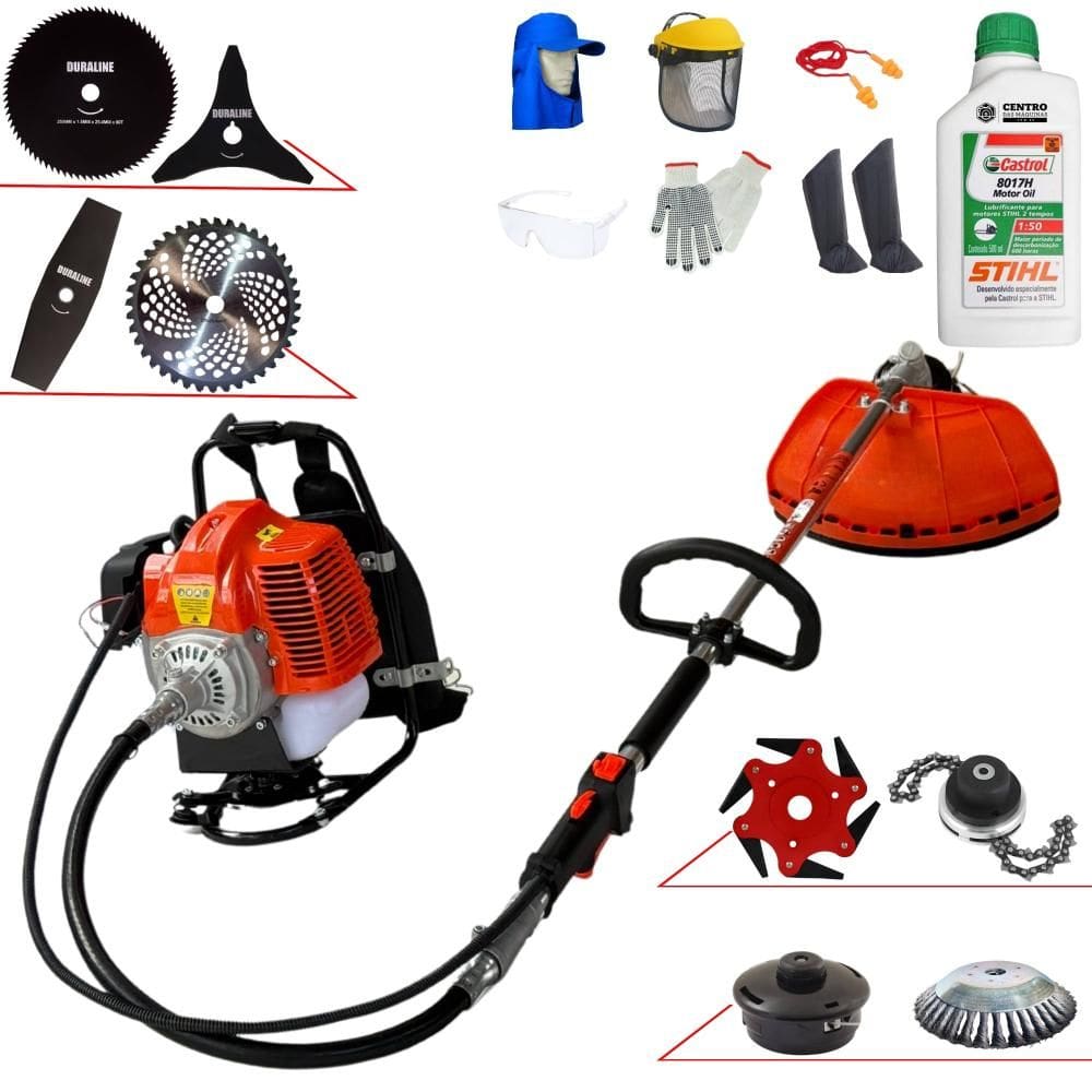 Roçadeira Costal Terra GRC430 43cc Com Carretel + Facas 2 Pontas, 3 Pontas, 6 Pontas, 40 Dentes Vídea, 80 Dentes, Trimmer e Escova + Óleo Stihl + EPI