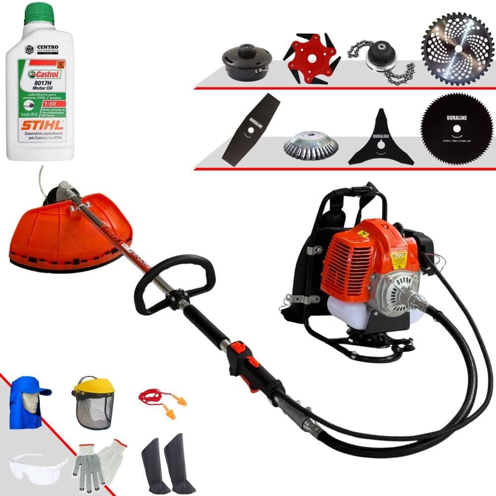 Roçadeira Costal GRC430 Terra Com Carretel + Faca 2 Pontas + 3 Pontas + 6 Pontas + 40 Dentes Vídea + 80 Dentes + Trimmer + Escova + Óleo Stihl + EPI