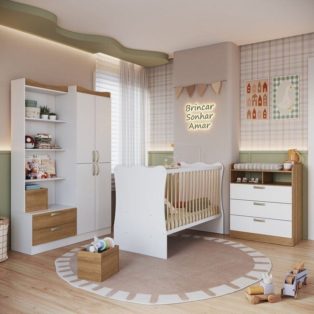 Quarto Infantil Completo com Guarda Roupas 4 Portas, Cômoda e Berço Branco Mel Branco / Mel