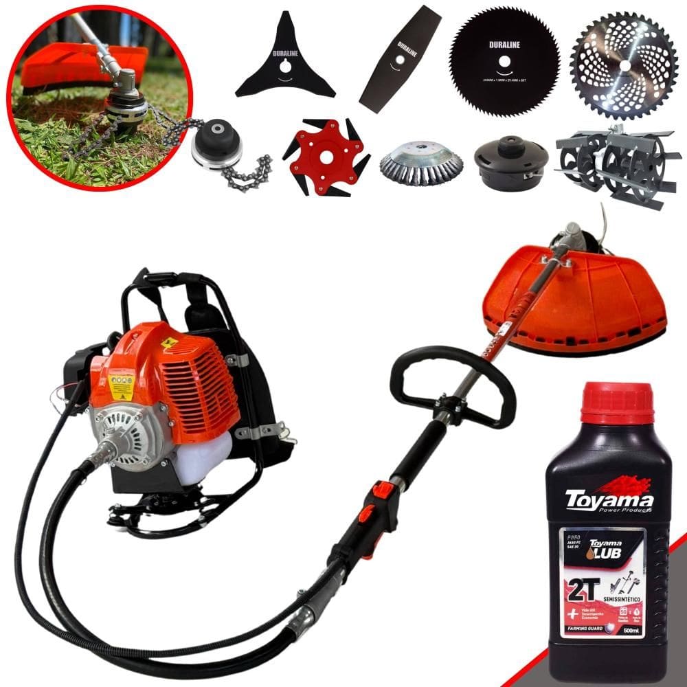 Roçadeira Costal GRC430 43cc 1,7HP Com Carretel + Facas 2 Pontas, 3 Pontas, 6 Pontas, 40 Dentes, 80 Dentes, Trimmer, Escova e Enxada + Óleo Toyama 2T