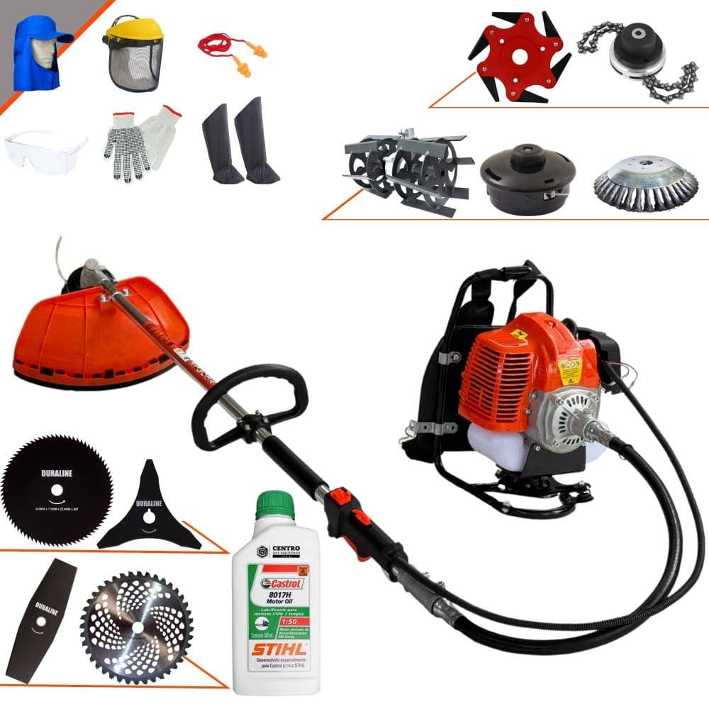 Roçadeira Costal Terra Com Carretel + Faca 2 Pontas + 3 Pontas + 6 Pontas + 40 Dentes Vídea + 80 Dentes + Trimmer + Escova + Enxada + Óleo Stihl + EPI