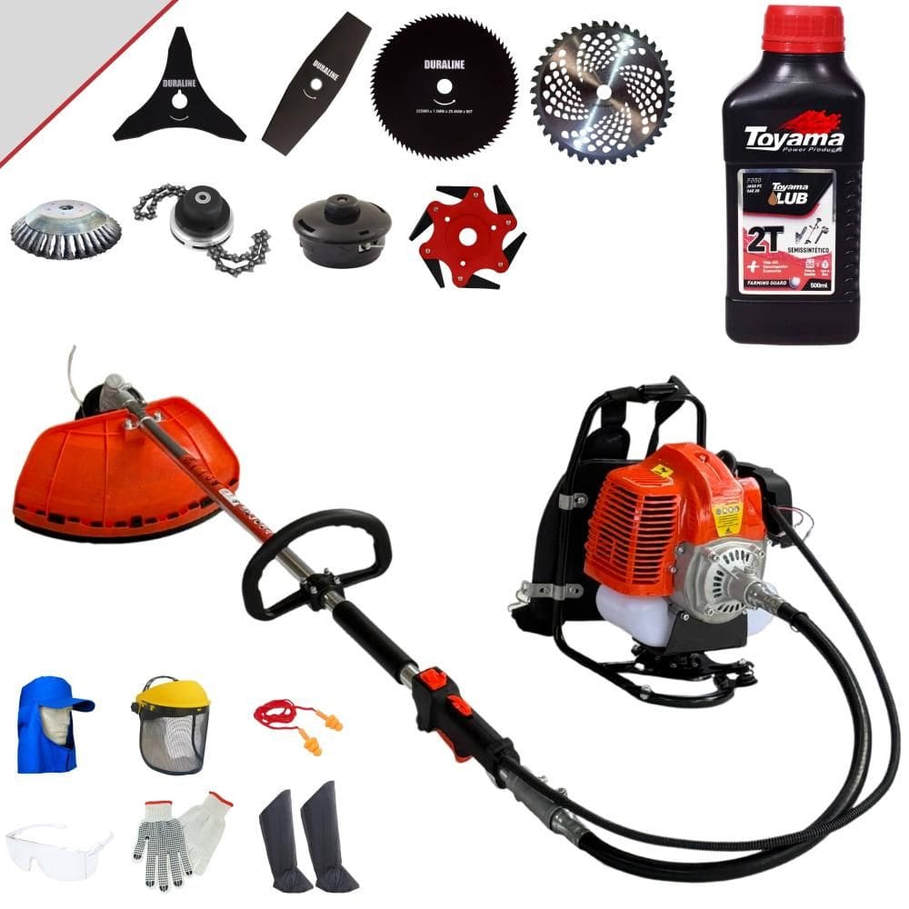Cortador de Grama Costal Terra 43cc 1,7HP C/ Carretel + Facas 2 Pontas, 3 Pontas, 6 Pontas, 40 Dentes, 80 Dentes, Trimmer e Escova + Óleo Toyama + EPI