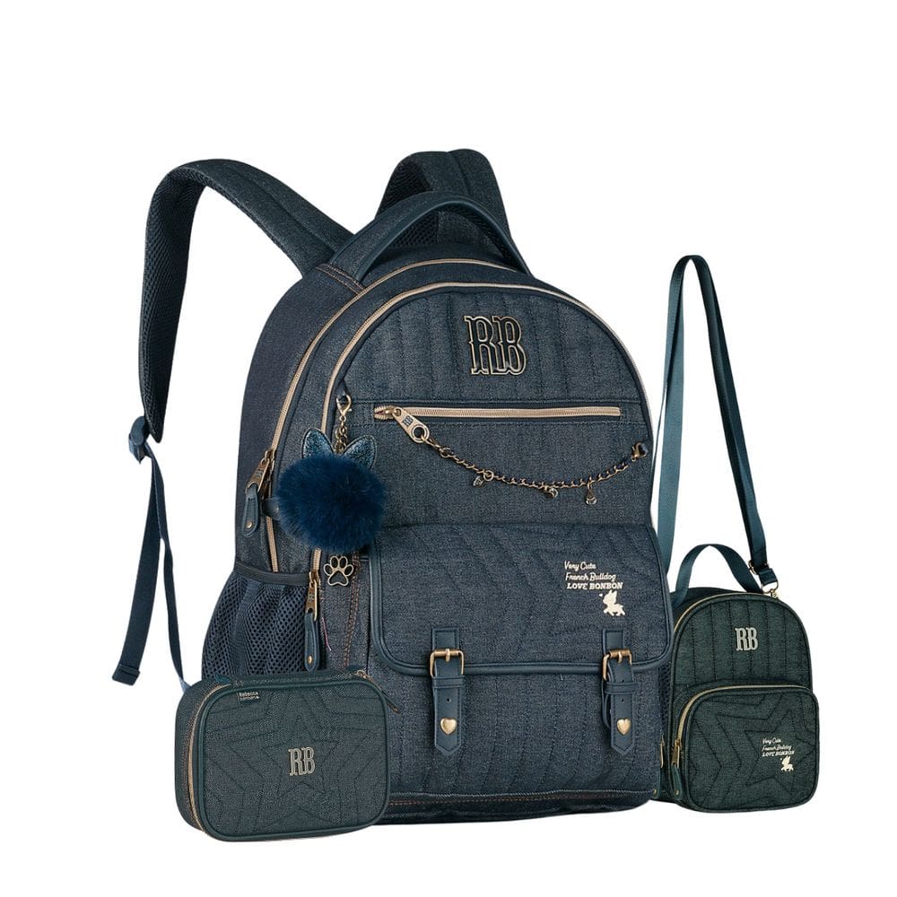 Mochila Costas Lancheira Térmica Estojo Jeans Rebecca Bonbon