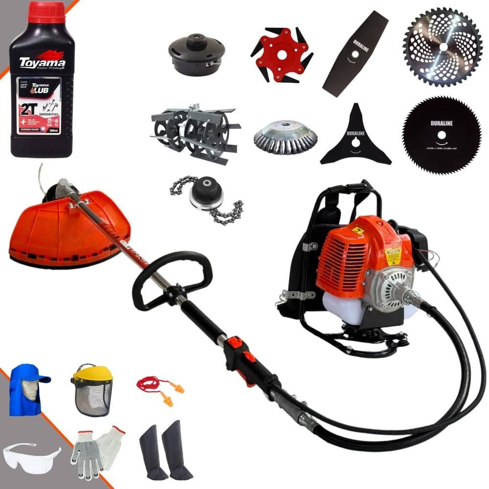 Cortador de Grama Costal Terra 43cc Carretel + Facas 2 Pontas, 3 Pontas, 6 Pontas, 40 Dentes, 80 Dentes, Trimmer, Escova e Enxada + Óleo Toyama + EPI