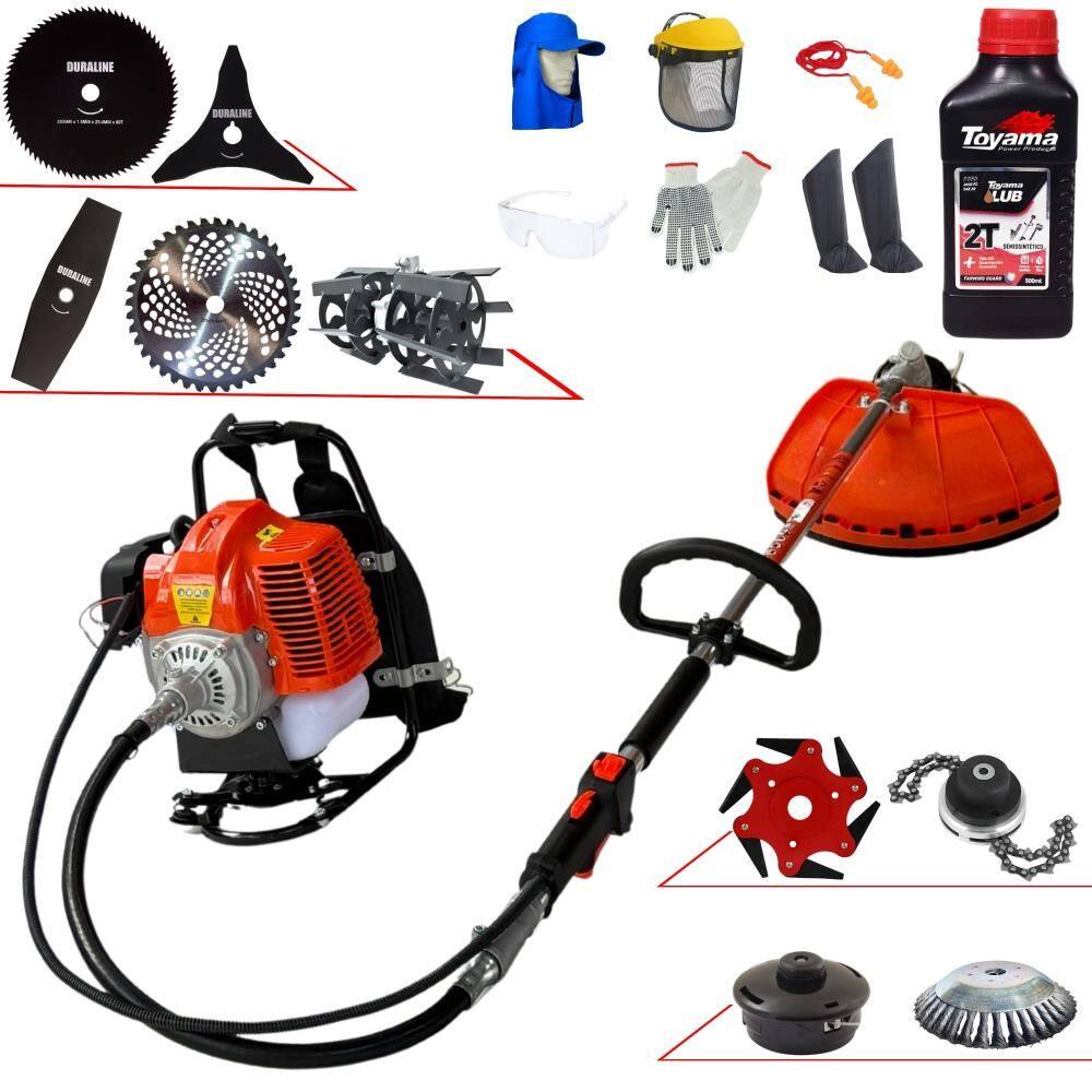 Roçadeira Costal Terra 43cc C/ Carretel + Facas 2 Pontas, 3 Pontas, 6 Pontas, 40 Dentes Vídea, 80 Dentes, Trimmer, Escova e Enxada + Óleo Toyama + EPI