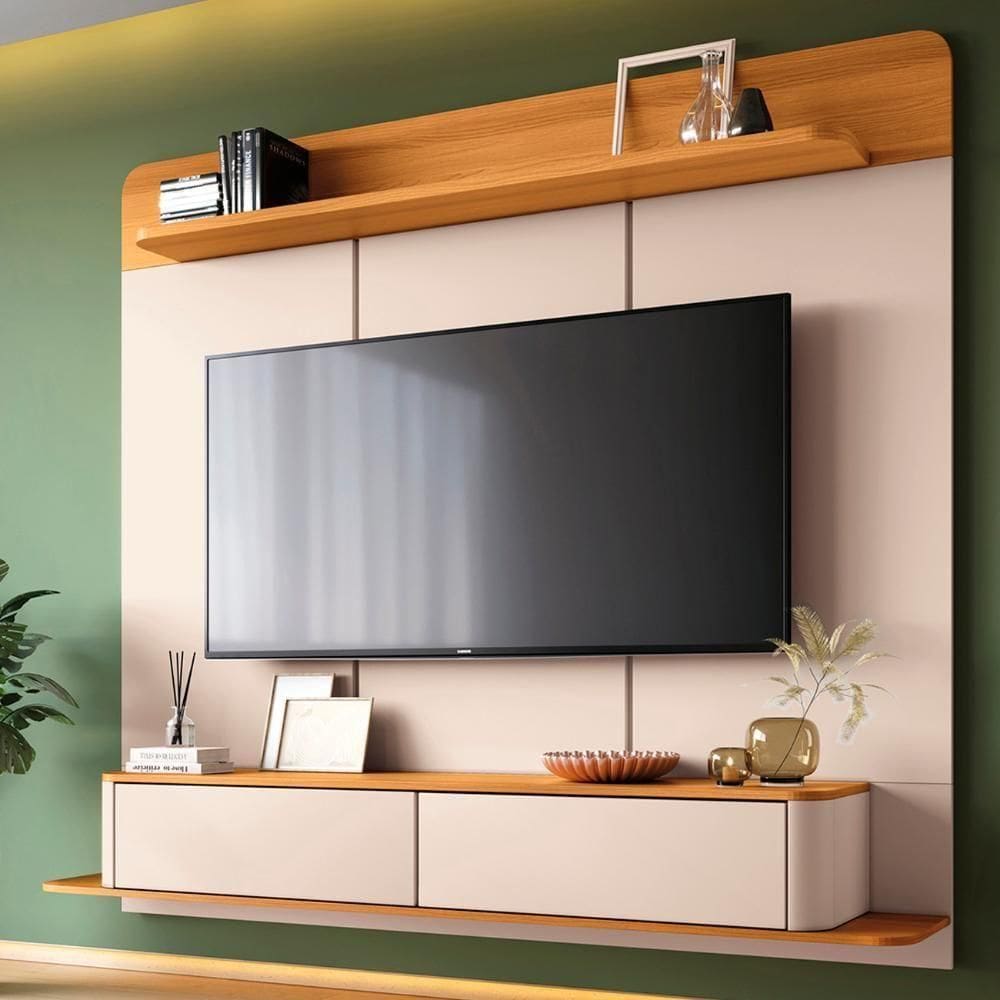 Painel Tv 70 Pol 180cm Bancada Suspensa Galax Off/cinamomo - Hb Móveis