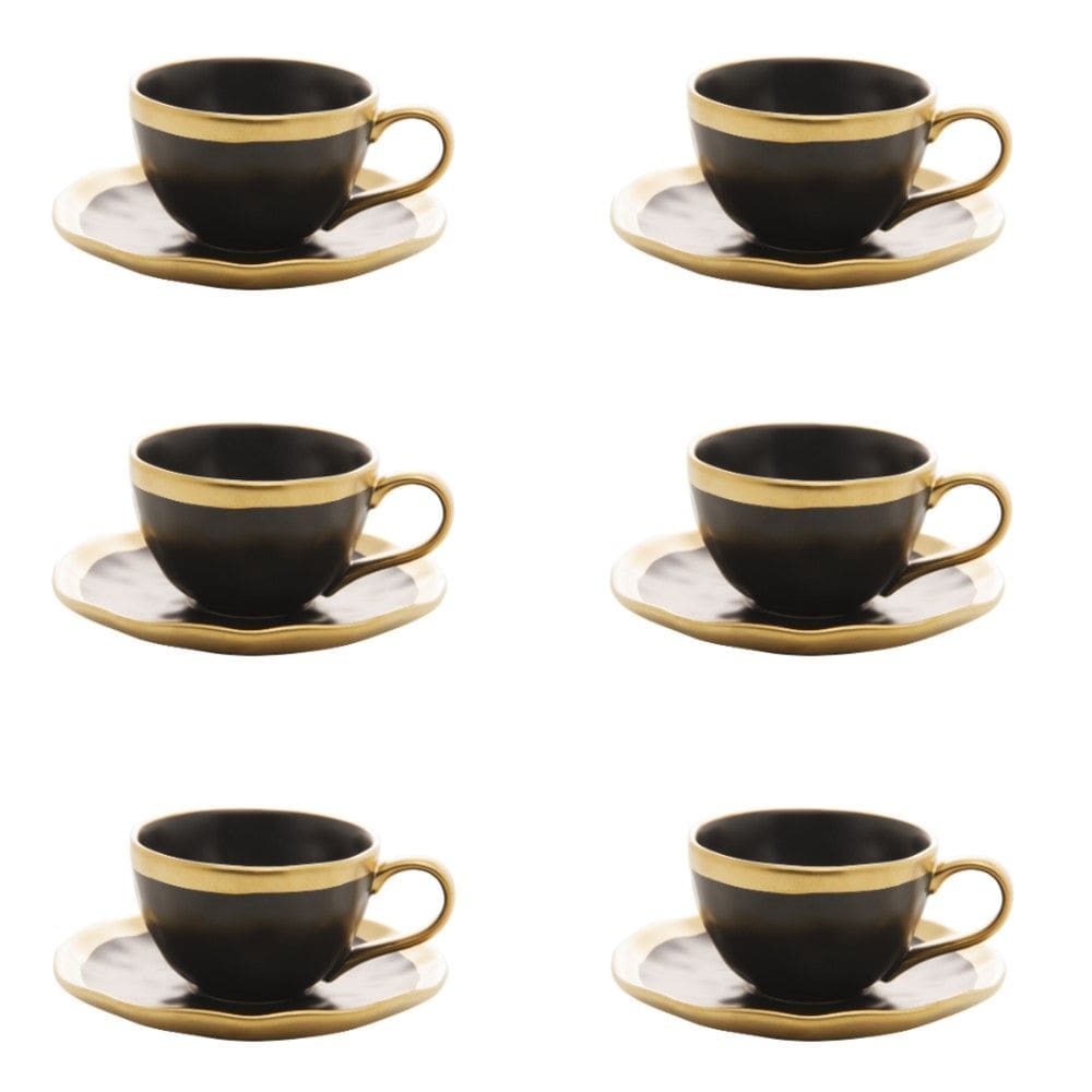 Conjunto de Xícara de Cafezinho com Pires 06 Peças Dubai Preto e Dourado 90ml Wolff