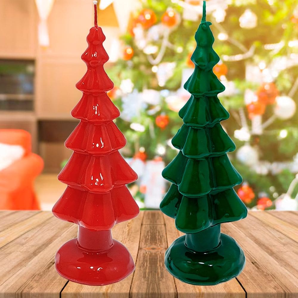 Velas Decoração Pinheiro Natal Vermelho Verde 20cm Kit 2pçs