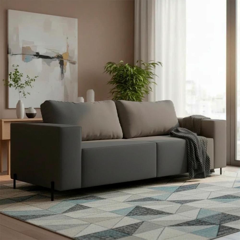 Sofá 3 Lugares Sense Moderno Bouclê Base Ferro Balaqui Decor Grafite