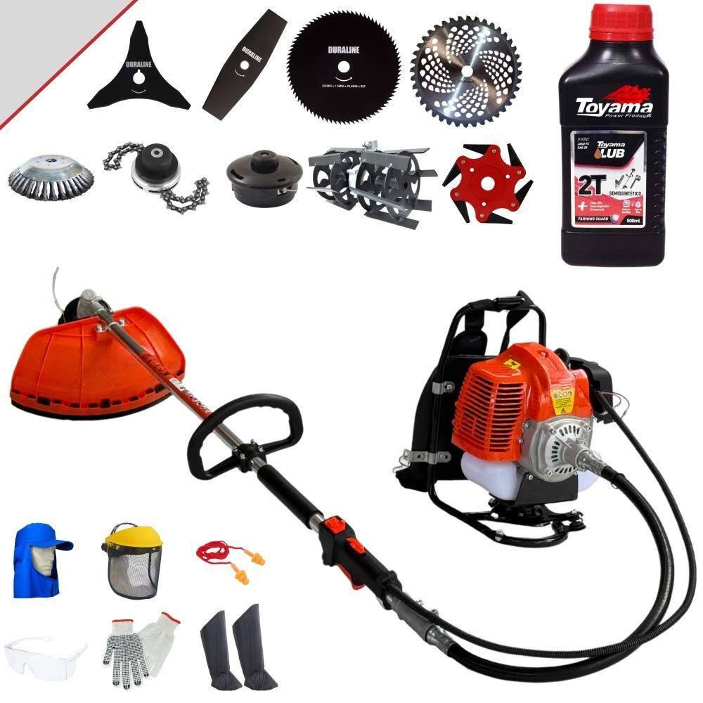 Roçadeira Costal Terra C/ Carretel + Faca 2 Pontas + 3 Pontas + 6 Pontas + 40 Dentes Vídea + 80 Dentes + Trimmer + Escova + Enxada + Óleo Toyama + EPI