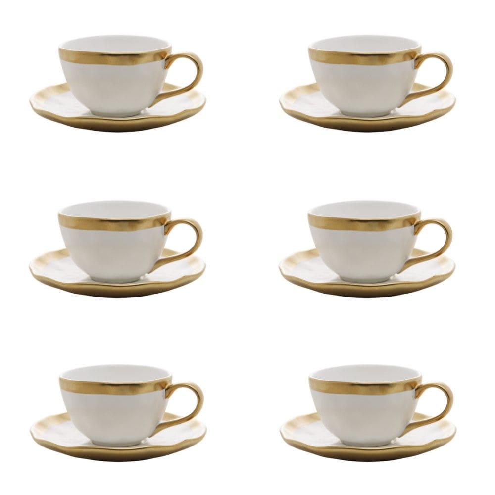 Conjunto de Xícara de Cafezinho com Pires 06 Peças Dubai Branco e Dourado 90ml Wolff