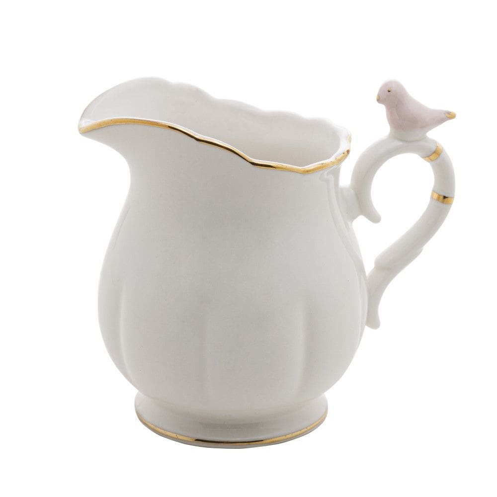 Leiteira Birds de Porcelana 230ml Branco, Dourado e Rosa Wolff