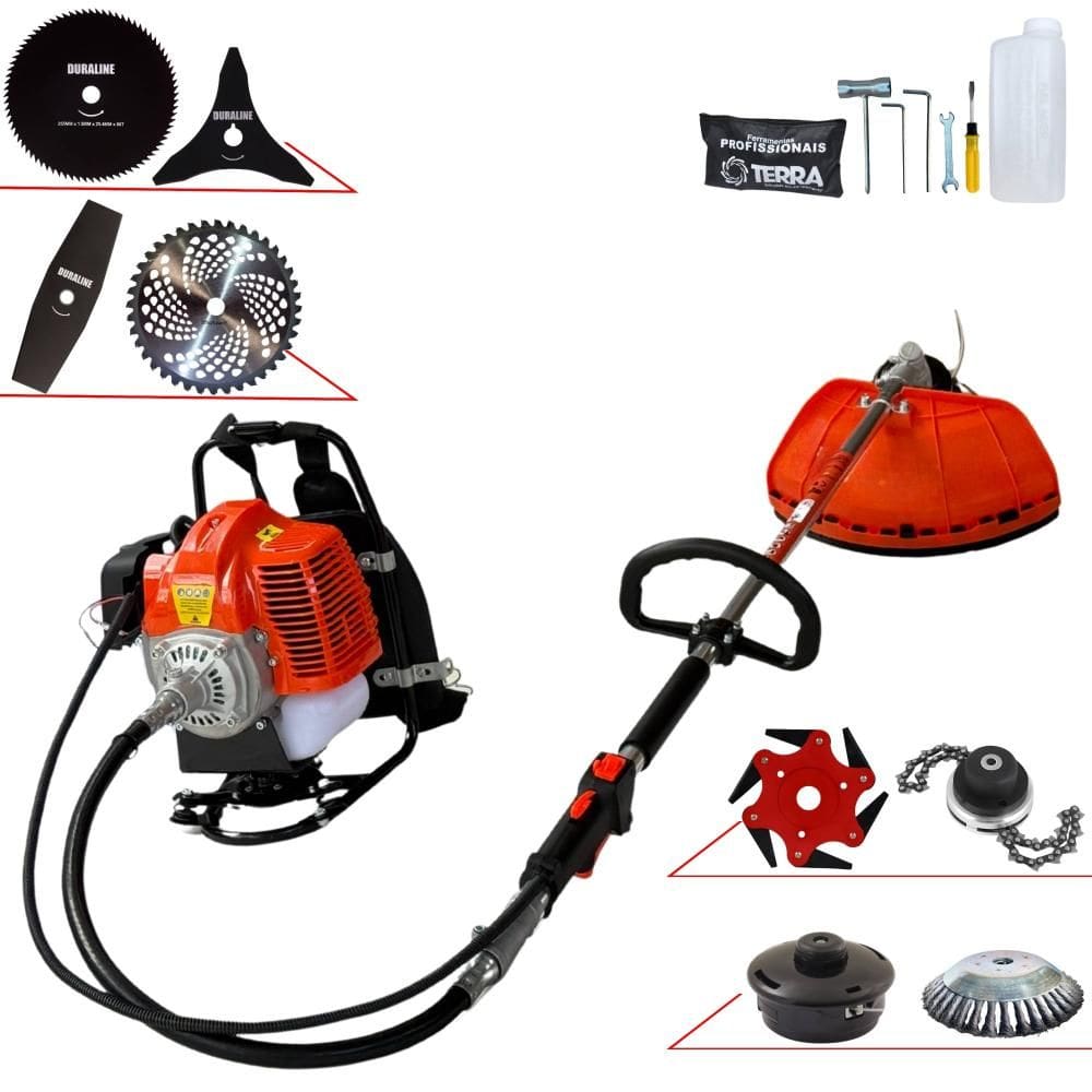 Roçadeira Costal Profissional Completa Terra GRC430 À Gasolina 2T 43cc 1,7HP de Potência Alta Rotação Com Carretel de Nylon + Kit 7 Opções de Cortes