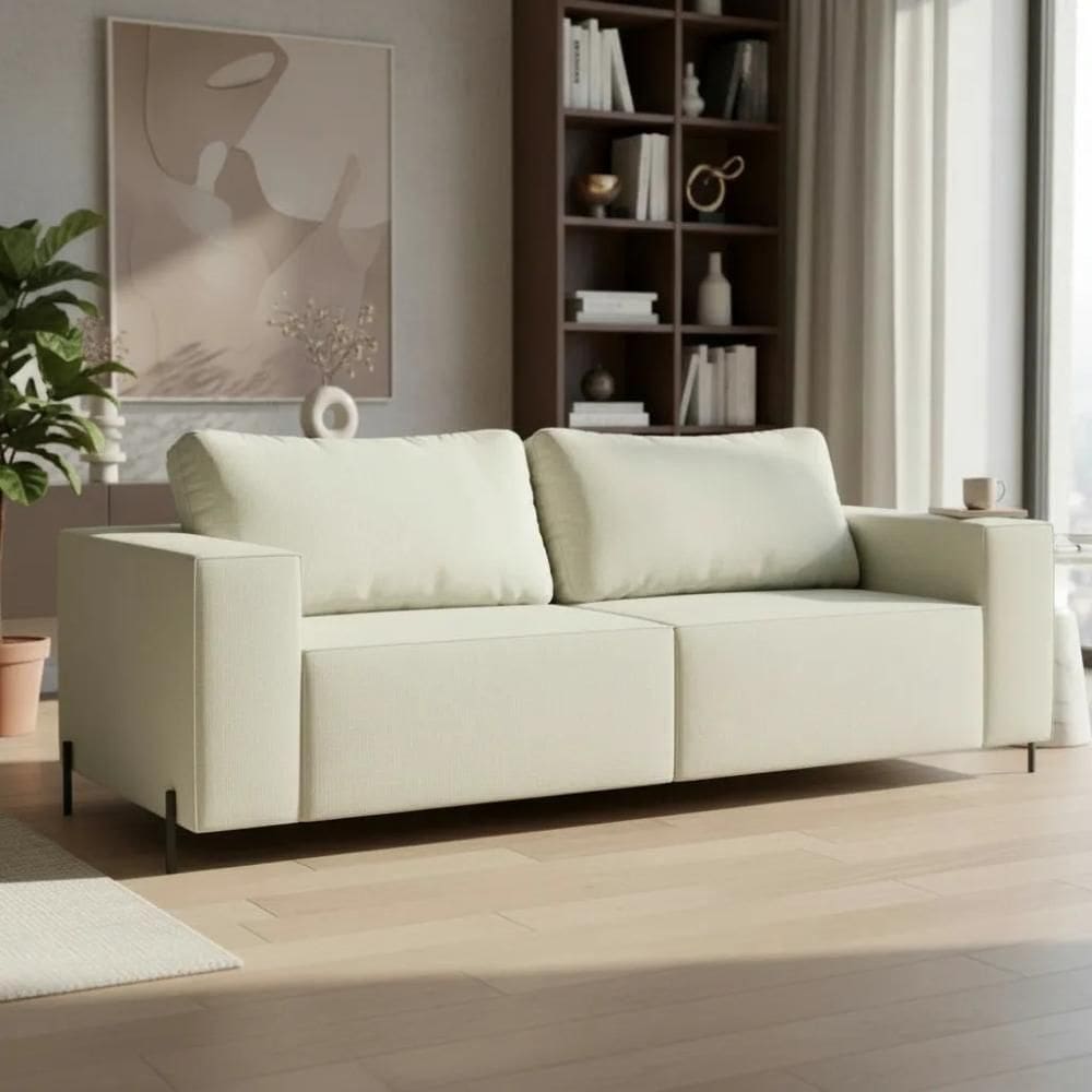 Sofá 3 Lugares Sense Moderno Bouclê Base Ferro Balaqui Decor Bege