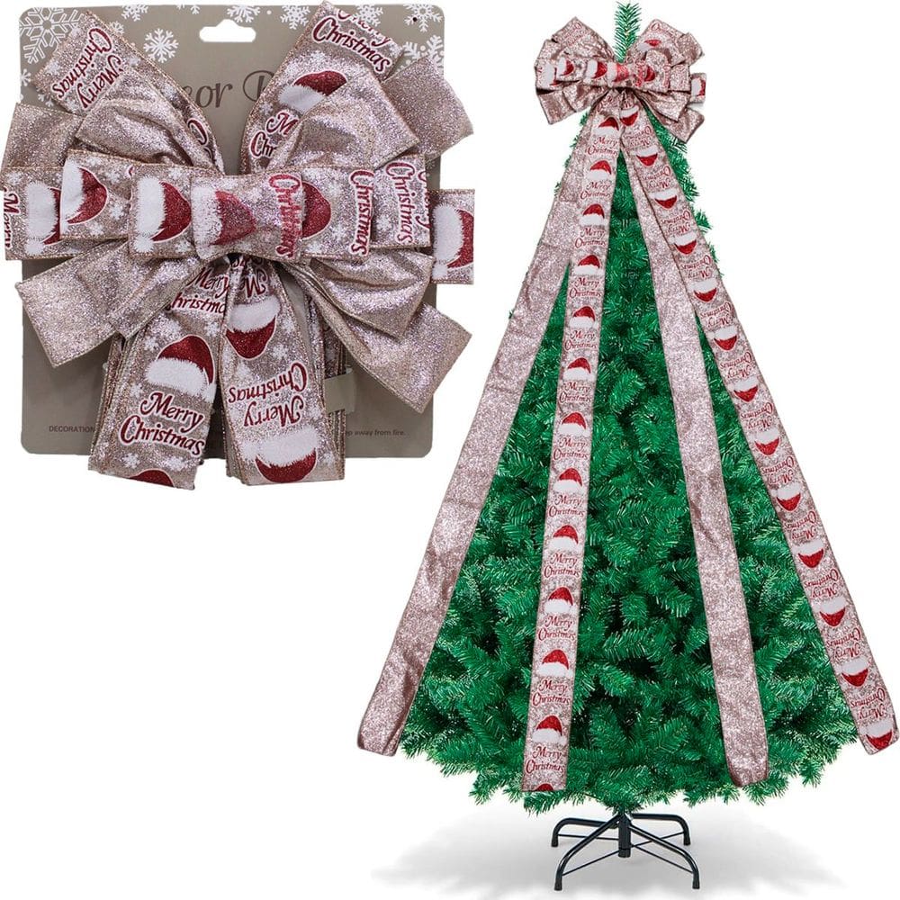 Laço Decorativo Merry Christmas Árvore Natal Ponteira 140cm