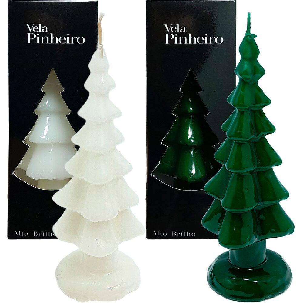 Velas Decoração Pinheiro Natalino Verde Branco 20cm Kit 2pçs