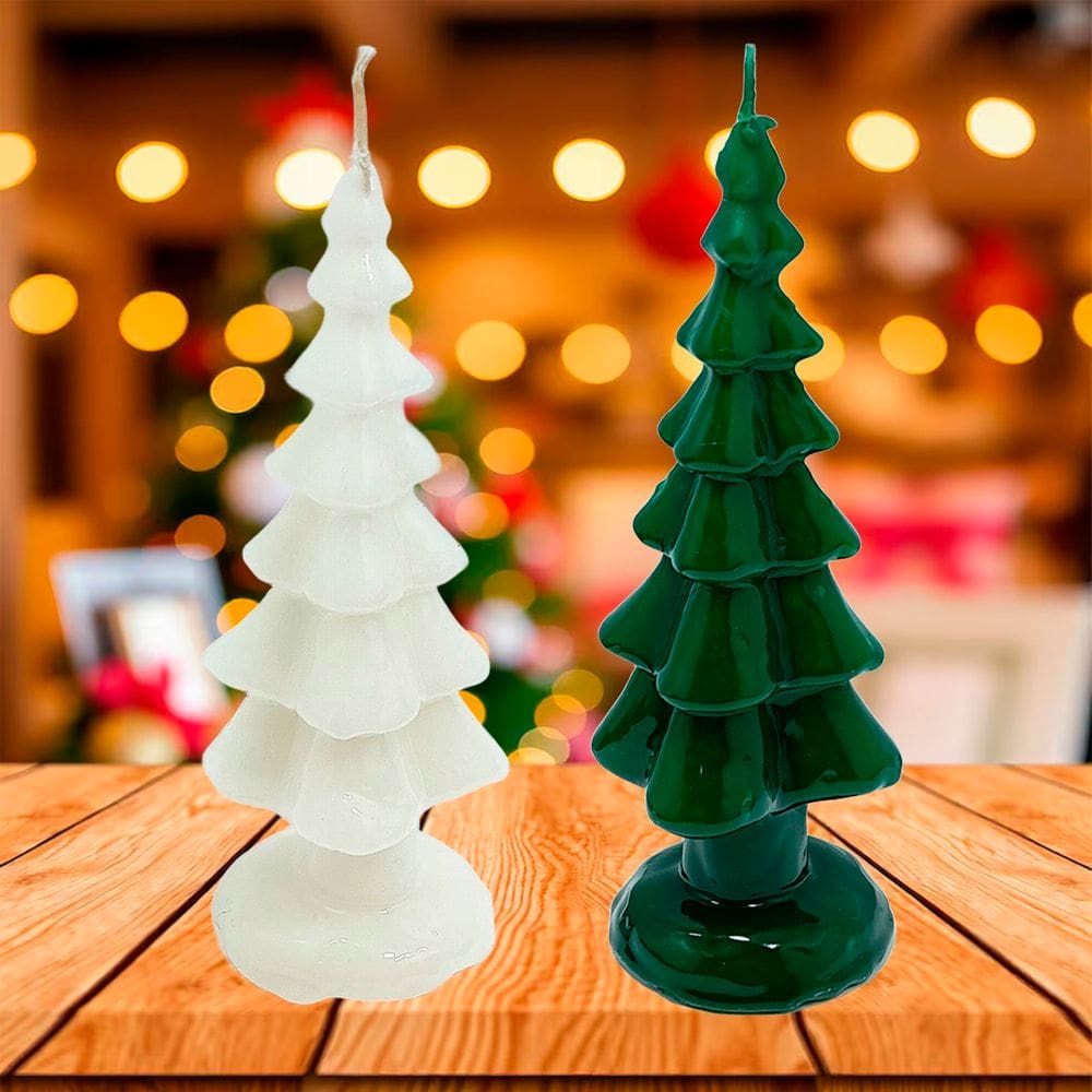 Velas Decoração Pinheiro Natalino Branco Verde 20cm Kit 2pçs