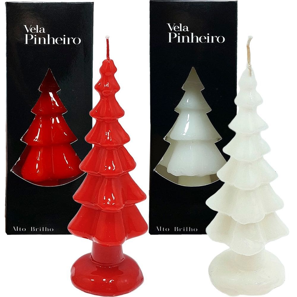 Velas Decoração Pinheiro Natal Vermelho Branco 20cm Kit 2pçs