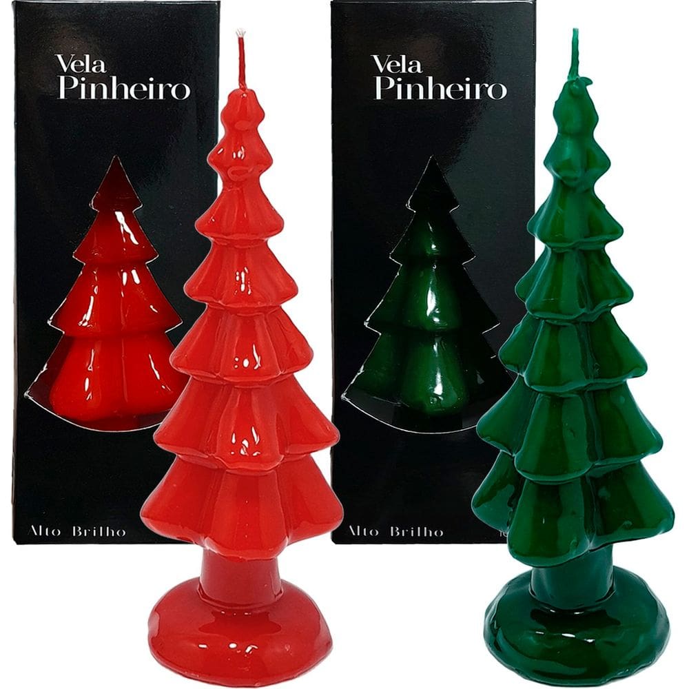 Velas Decoração Pinheiro Natal Verde Vermelho 20cm Kit 2pçs