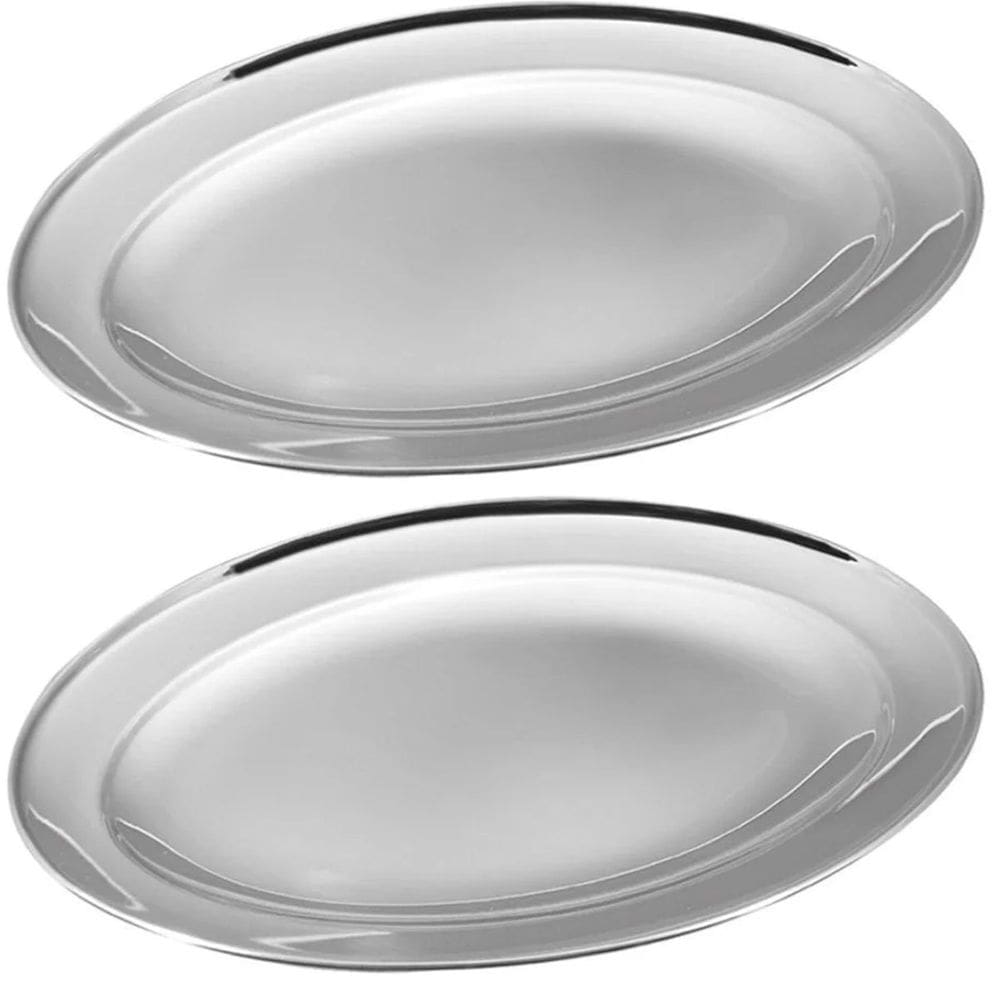 Kit 4 Travessa Bandeja Oval Servir Prateada Inoxidável 30cm
