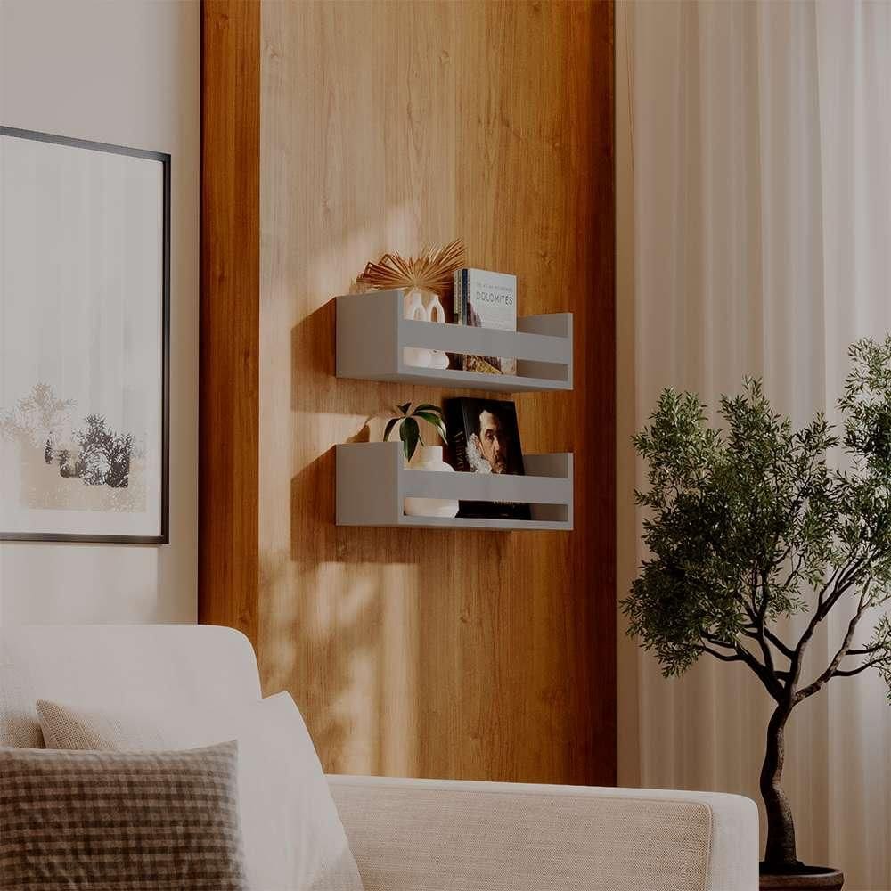 Kit 2 Prateleiras Porta Livros Cinza Claro 70 x 12cm Suporte Invisivel