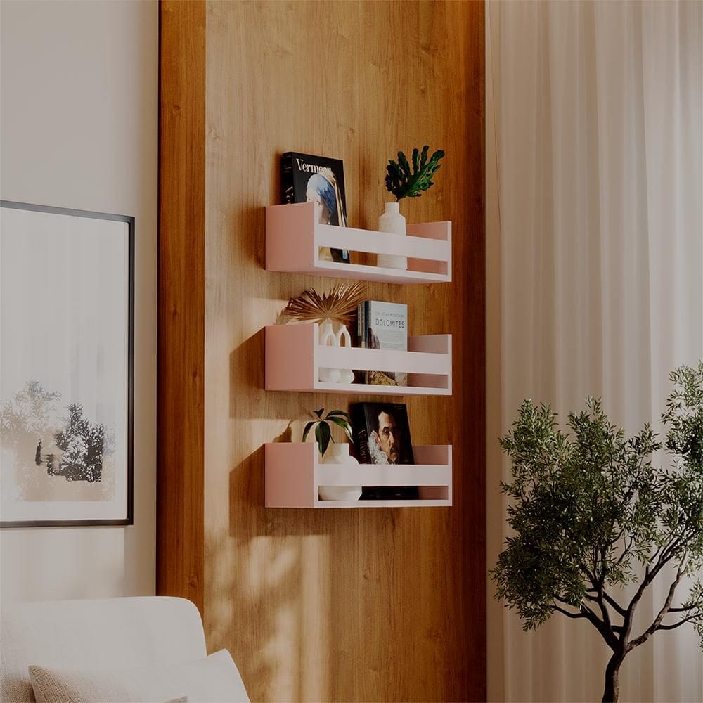 Kit 3 Prateleiras Porta Objetos Rosa 70 x 12cm Suporte Invisivel