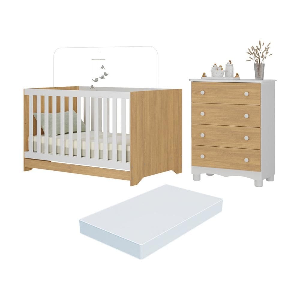 Berço Americano 3 em 1 com Colchão Incluso e Cômoda 4 Gavetas Dengo Multimóveis MP4702