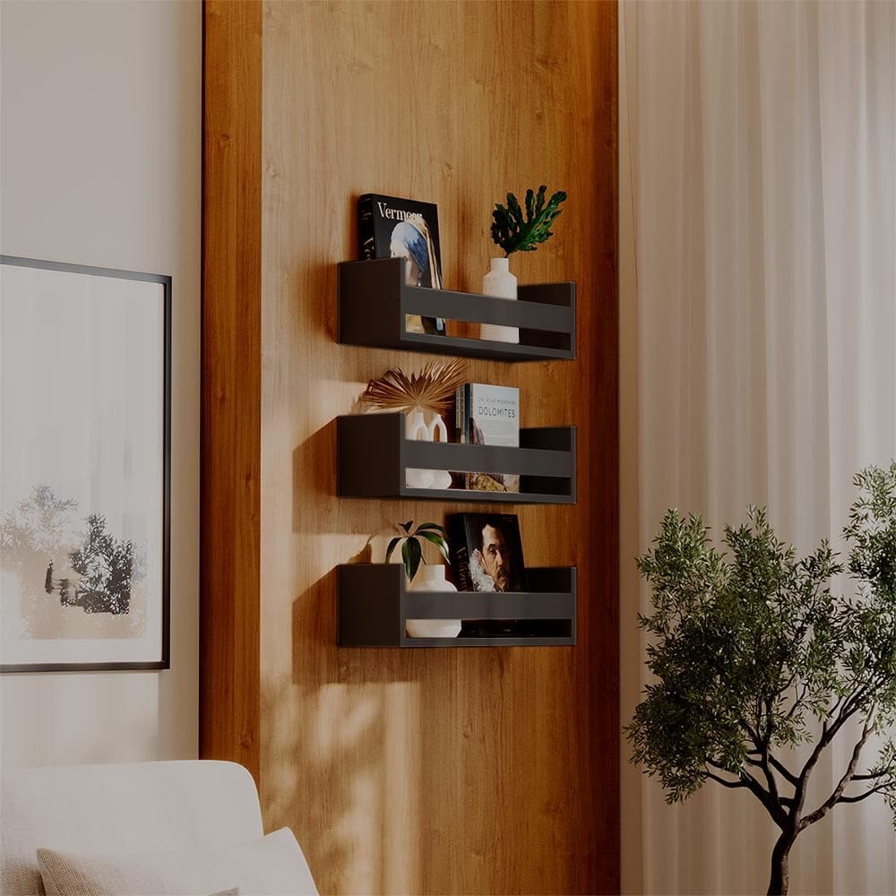 Kit 3 Prateleiras Porta Livros Preta 70 x 12cm Suporte Invisivel
