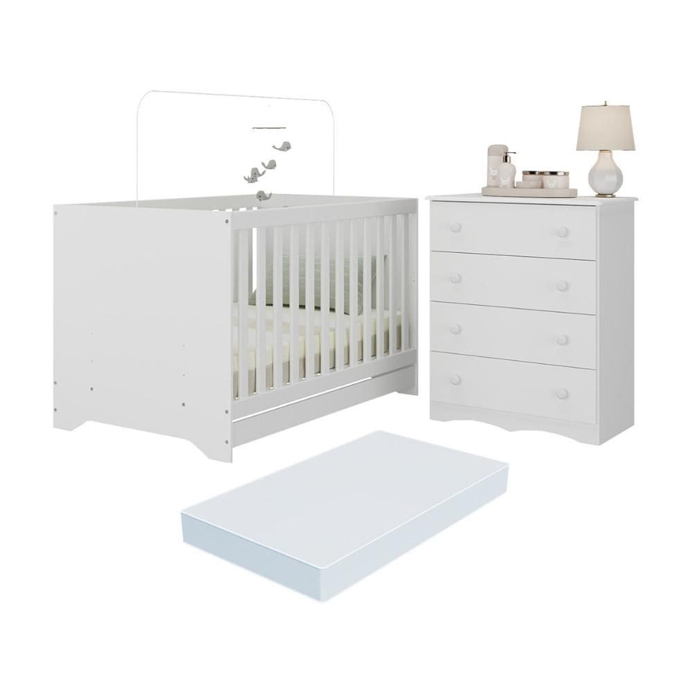 Berço Americano 3 em 1 com Colchão Incluso e Cômoda 4 Gavetas Realeza Multimóveis MP4701