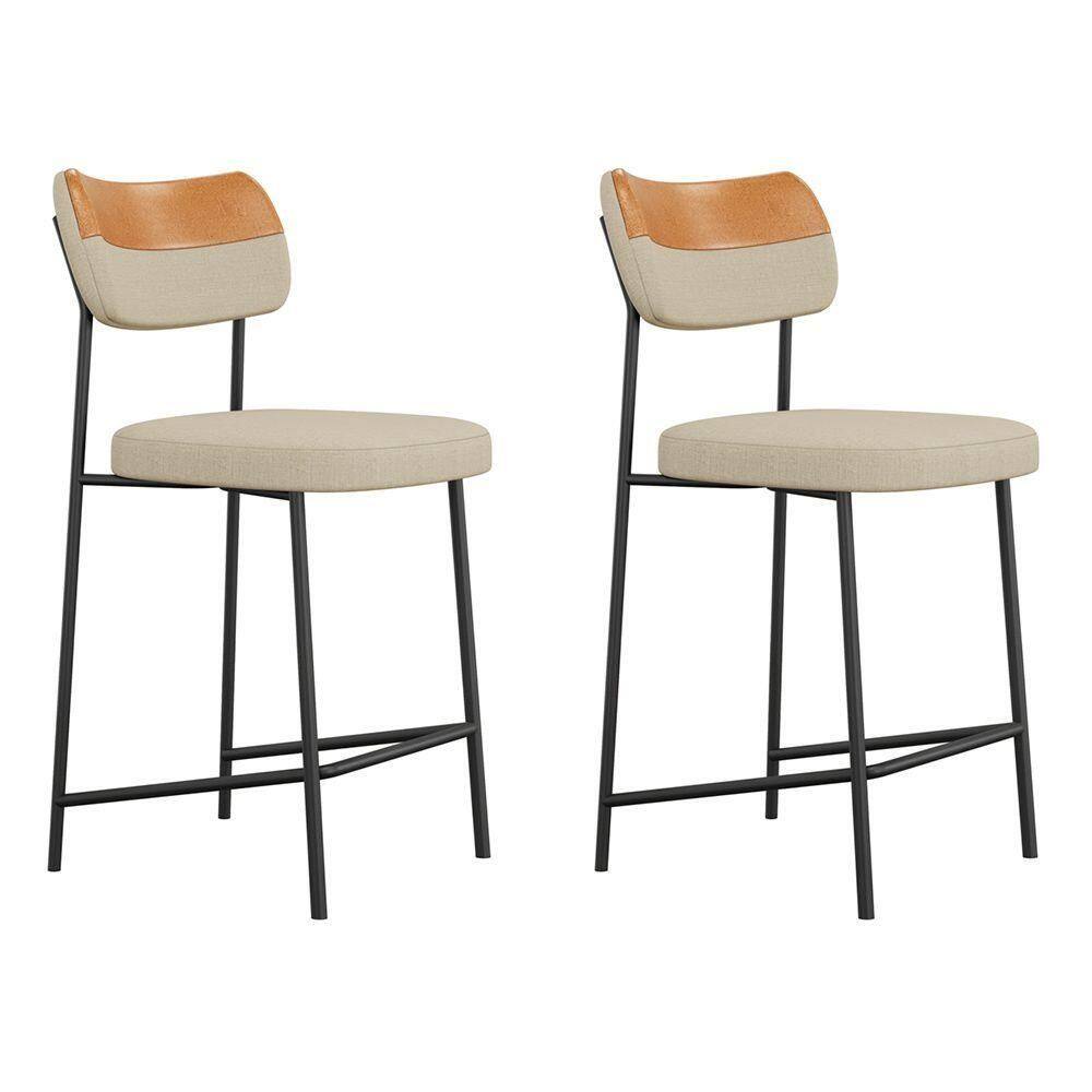 Kit 02 Banquetas Médias Cozinha Lila Estofada Couríssimo Whisky Linho Bege - Desk Design