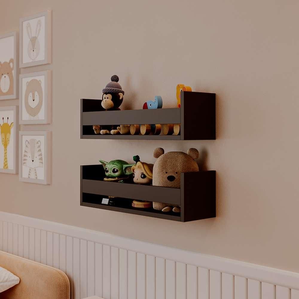 Kit 2 Prateleiras Porta Brinquedos Preta 50 x 12cm Suporte Invisivel