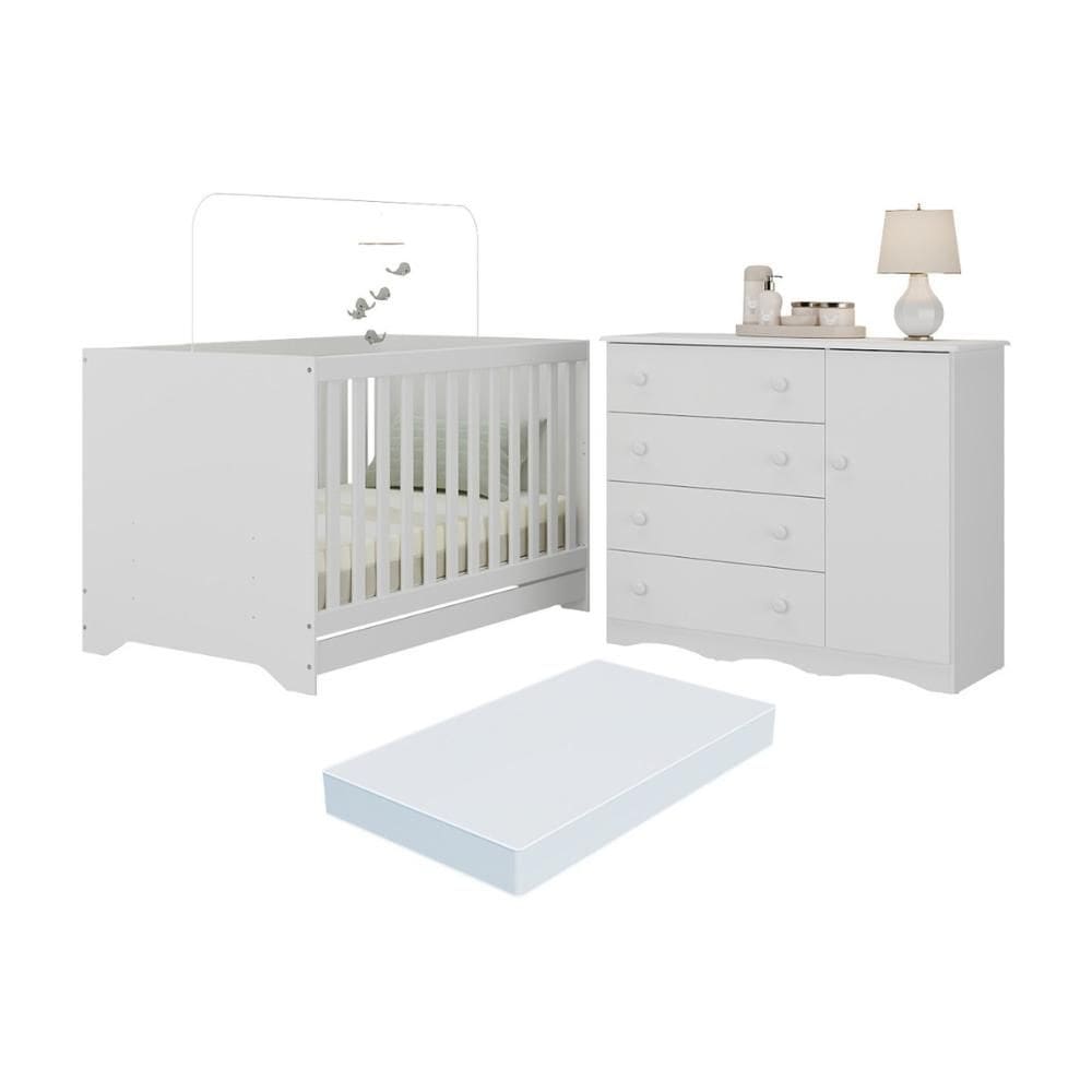 Berço Americano 3 em 1 com Colchão Incluso e Cômoda 1 Porta 4 Gavetas Realeza Multimóveis MP4697