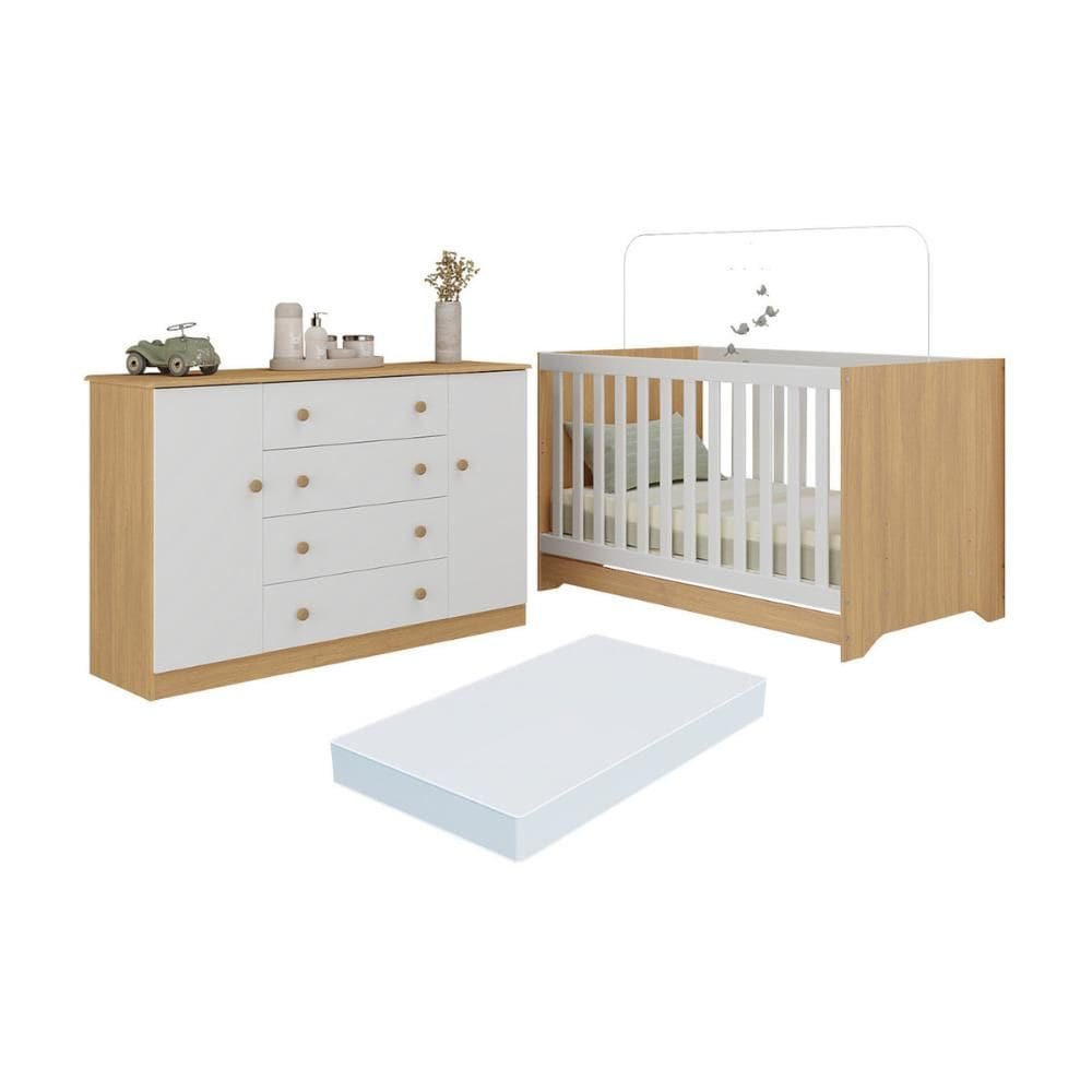 Berço Americano 3 em 1 com Colchão Incluso e Cômoda 2 Portas 4 Gavetas Encanto Multimóveis MP4703