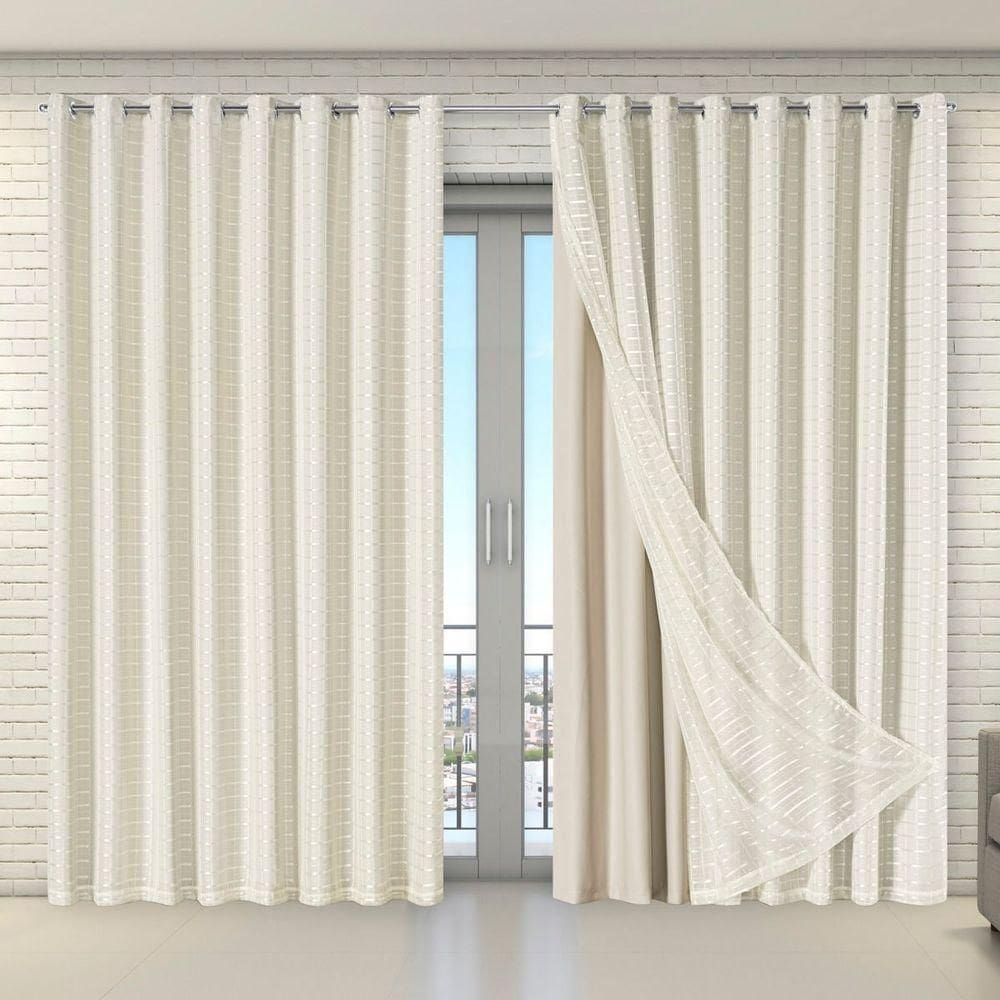 Cortina Tecido Blecaute Com Voil Xadrez 4,00 M X 2,70 M 100% Poliéster - Bege