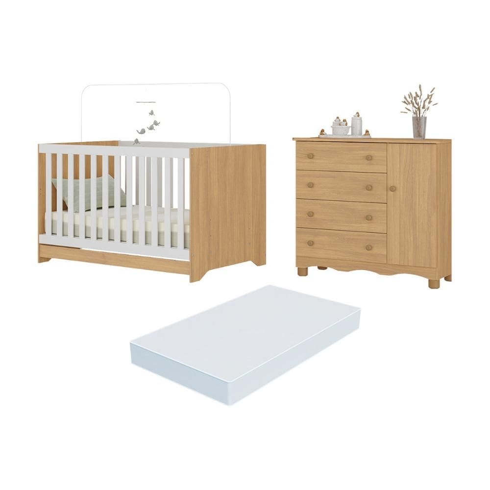 Berço Americano 3 em 1 com Colchão Incluso e Cômoda 1 Porta 4 Gavetas Dengo Multimóveis MP4698