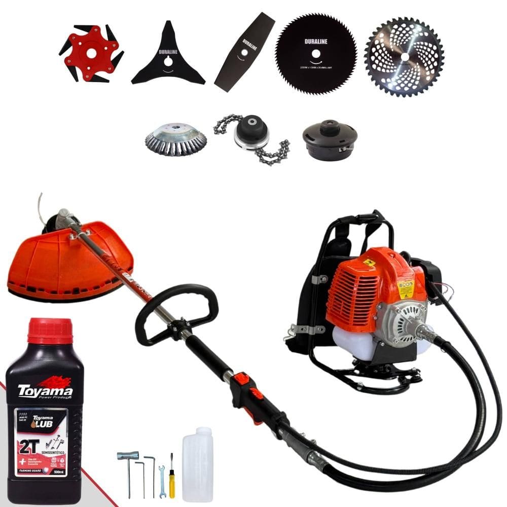 Roçadeira Costal Terra GRC430 43cc 1,7HP Com Carretel + Lâminas 2 Pontas, 3 Pontas, 6 Pontas, 40 Dentes, 80 Dentes, Trimmer e Escova + ÓLEO TOYAMA 2T